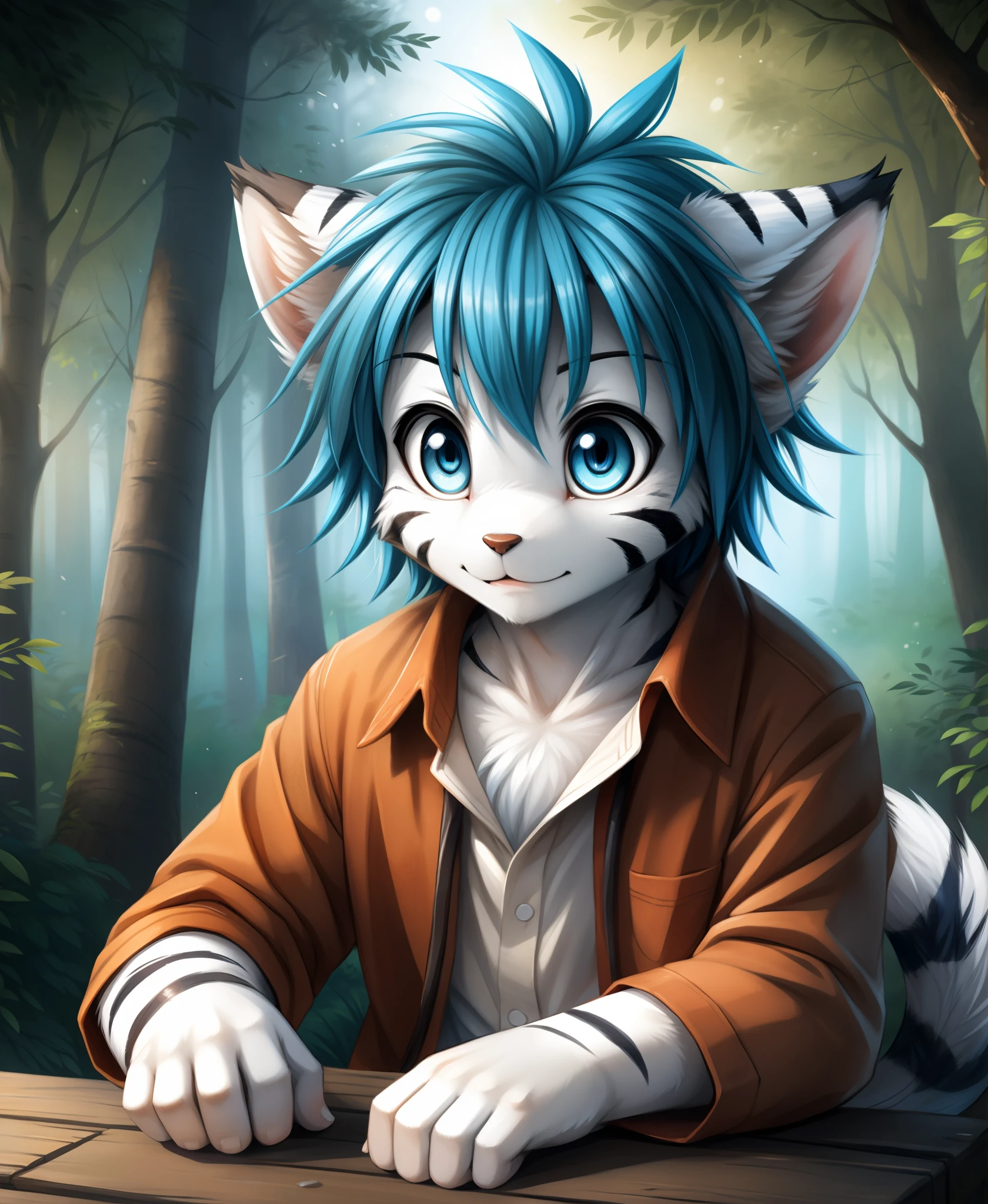 by dagasi, (by carrot:0.6), (by silverfox5213), by castitas, by tsukune minaga, (by manmosu marimo:0.6), by kenket,, tiger-trace, twokinds, by tom_fischbach,, (best quality, masterpiece:1), solo, furry male anthro, blue eyes, medium hair, blue hair, portrait, fingers, finger claws, looking at viewer, tiger tail , White Tiger (outdoors dark forest trees blurry blurred background:1.1),