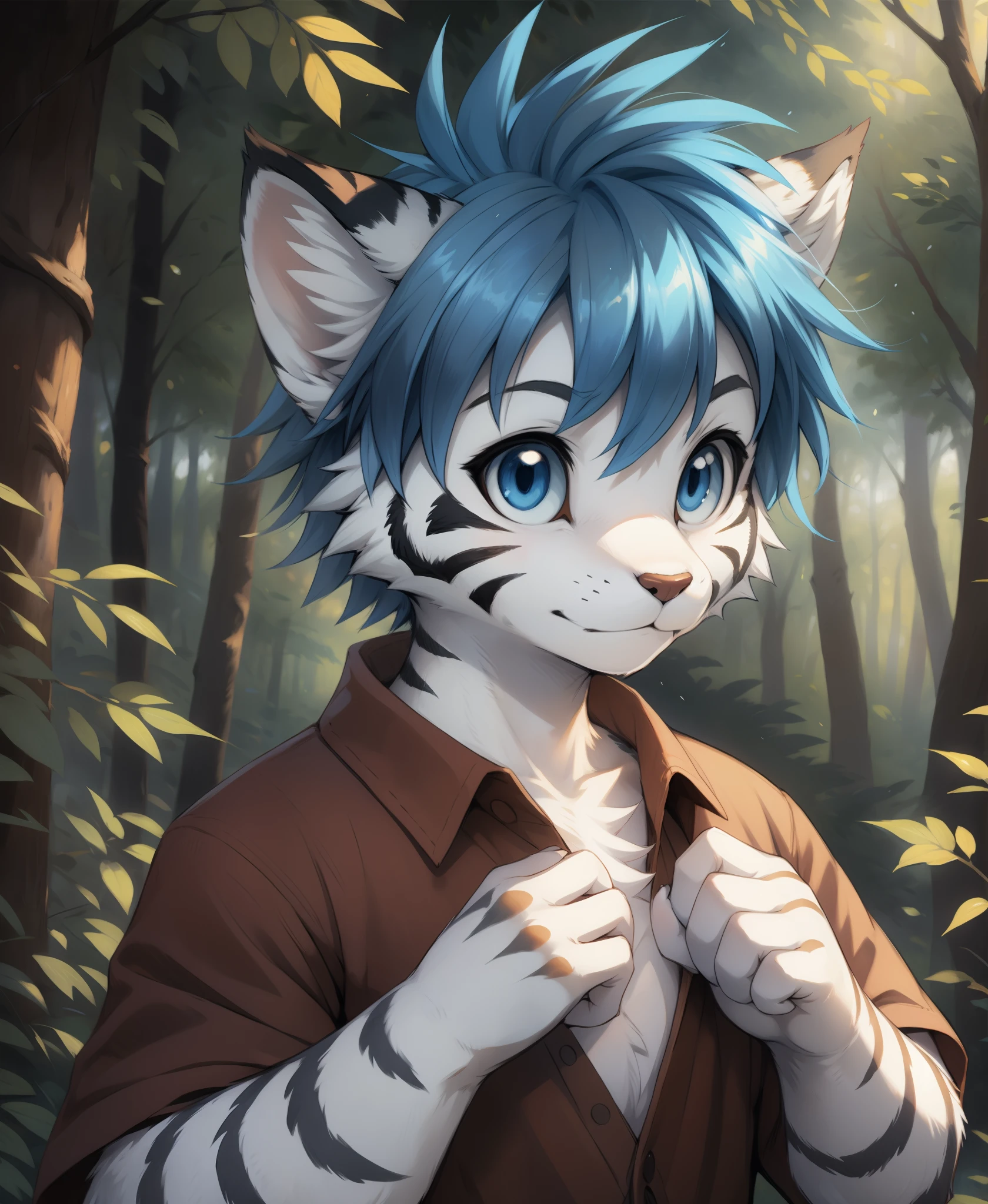 by dagasi, (by carrot:0.6), (by silverfox5213), by castitas, by tsukune minaga, (by manmosu marimo:0.6), by kenket,, tiger-trace, twokinds, by tom_fischbach,, (best quality, masterpiece:1), solo, furry male anthro, blue eyes, medium hair, blue hair, portrait, fingers, finger claws, looking at viewer, tiger tail , White Tiger (outdoors dark forest trees blurry blurred background:1.1),