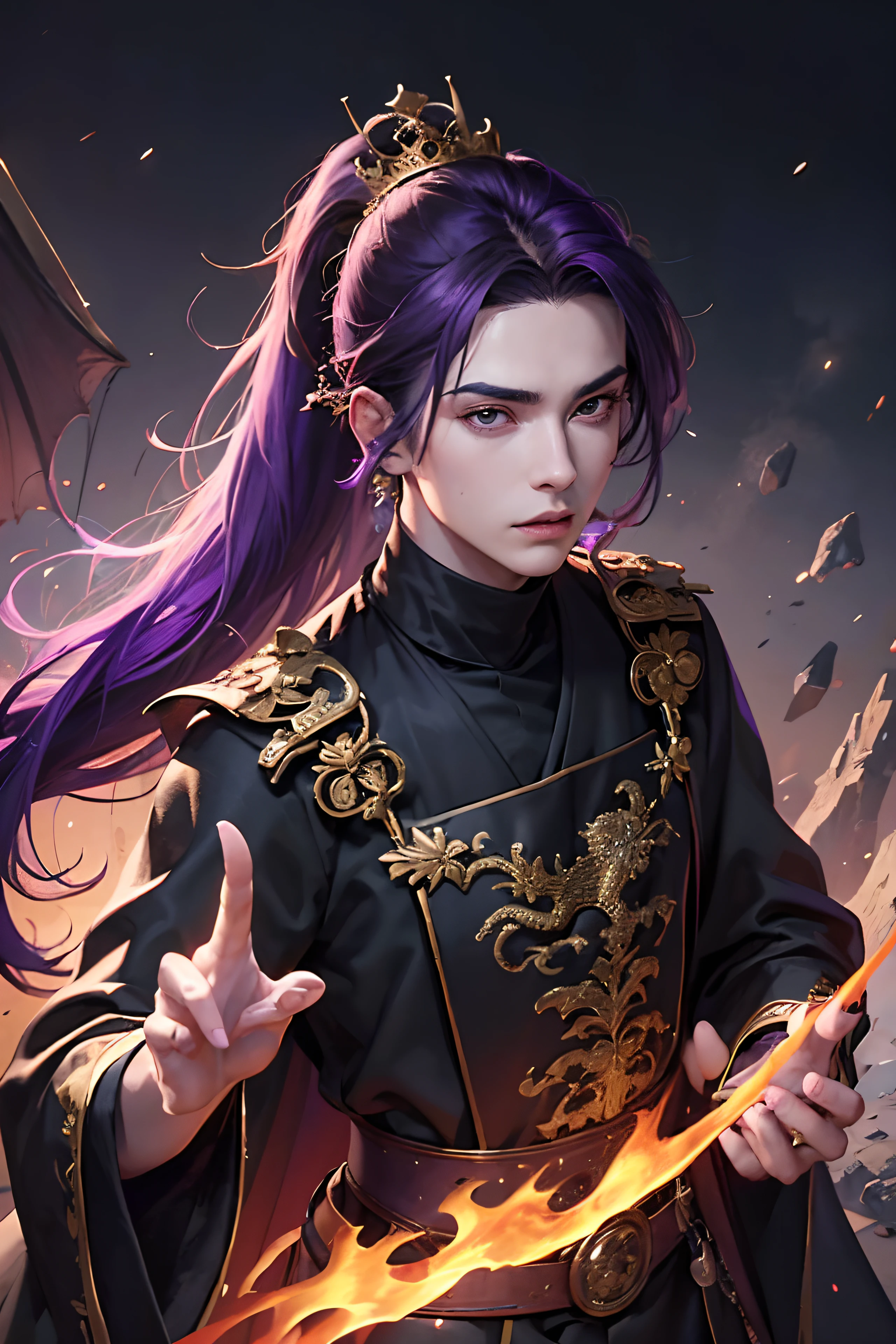 lots of details, real-world scenarios, high-definition photography, perfect hands, perfect eyes, perfect skin, perfect face, 4k, masterpiece, looking at viewer, ((1 man 21 year old)), handsome, demon, king, emperor, warrior, (wearing a emperor crown), black long hair, messy ponytail, mountain, large moon, (((wearing a royal black long robe with bright purple dragon embroidery))), black turtleneck shirt, black pants, (((male))), battle pose, dragon