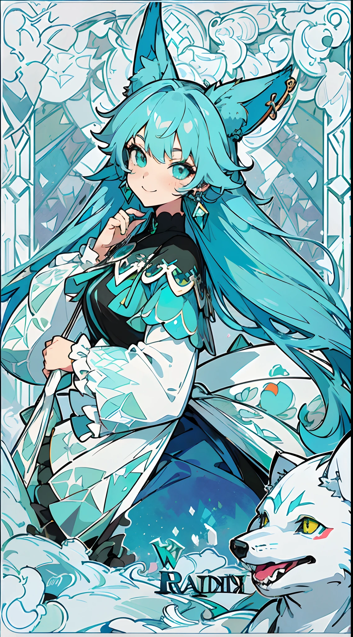 (The skin is not exposed, Long sleeve blouse with ruffles), (Solo), Very cute girl (1), Colorful stained glass on background, Multicolored roses,Rose vine, ((Super Long Turquoise Blue Hair, Earring Color,Wolf ears)), (Super smile), Dynamism, (Her eyes are emerald green), (kirakira) (Detail Objects)Close-up angle of the face