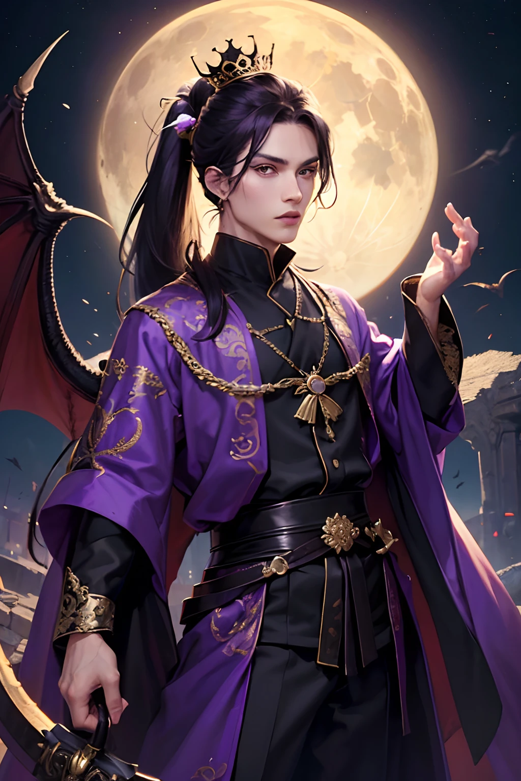 lots of details, real-world scenarios, high-definition photography, perfect hands, perfect eyes, perfect skin, perfect face, fierce 4k, masterpiece, looking at viewer, ((1 man 21 year old)), handsome, demon, king, emperor, warrior, (wearing a emperor crown), black long hair, messy ponytail, mountain, large moon, (((wearing a royal black long robe with bright purple dragon embroidery))), black turtleneck shirt, black pants, (((male))), battle pose, dragon