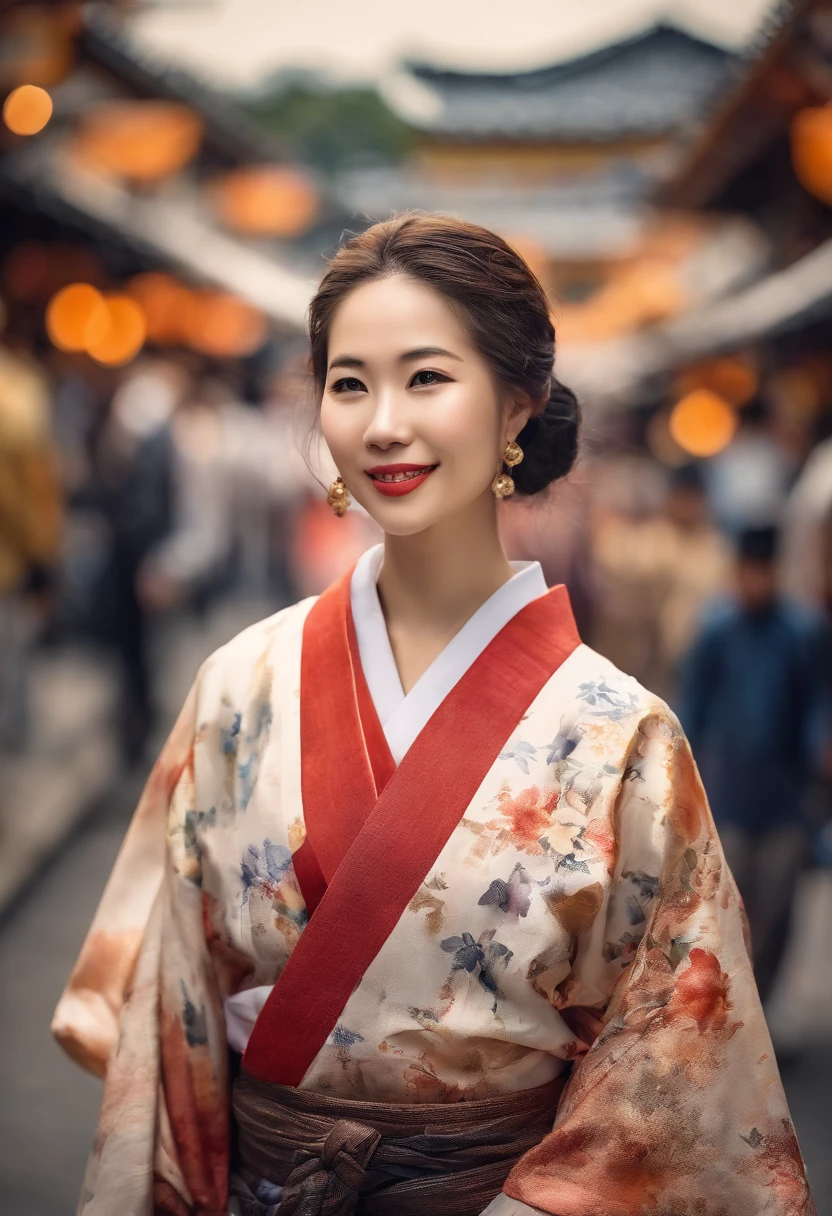 Merlin Monroe、People in kimono style々, Blurred background, Water City Osaka, Best Quality, Best Illustration, The best lighting, amazing quality, Highly detailed 8kCG backgrounds, Detailed eyes, Detailed face, detailed hairs, Midosuji, F2.1, There were a lot of people walking.、Woman looking up at the sky, market, Water market, walking down the street, Osaka Castle in the back,
