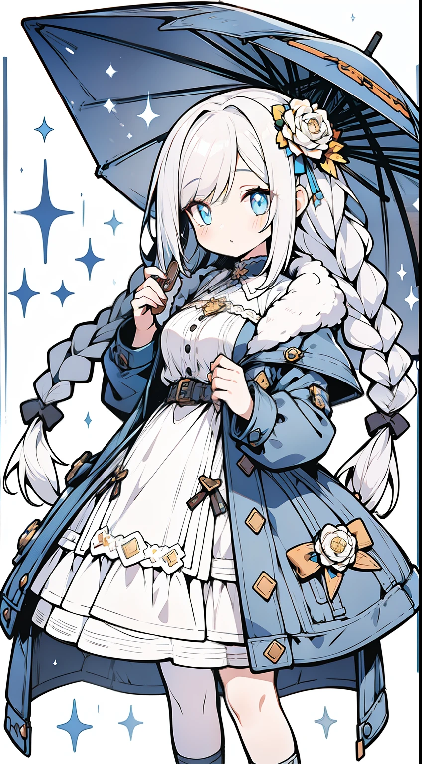 1girll, full bodyesbian, ,Lace with denim texture, Wearing a yellow modern style parka,rainy days, Foggy, Light gray hair, Long hair with double braids,bangs detached, Blue bright eyes, Big eyes as perfect as diamonds, Cute, Character design, Detailed, anime big breast, Official, flower pattern, Pink details with glitter and brushes, clip studio paint, csp, .PSD,White stockings,With a ite figure。Small chest