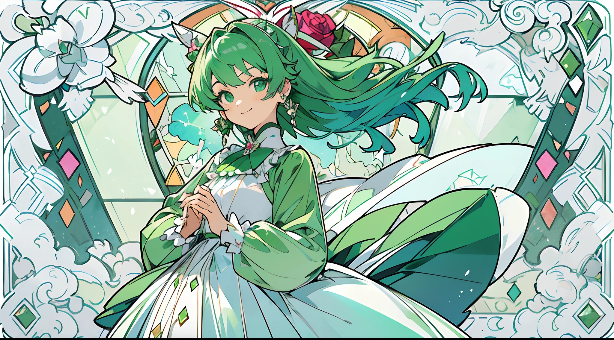 (The skin is not exposed, Long sleeve blouse with ruffles), (Solo), Very cute girl (1), Colorful stained glass on background, Classic, A lot of colorful roses,Rose vine, ((Super Long Emerald Green Hair, Earring Color)), (Super smile), Dynamism, (Her eyes are emerald green), (kirakira) (Detail Objects)Close-up angle of the face