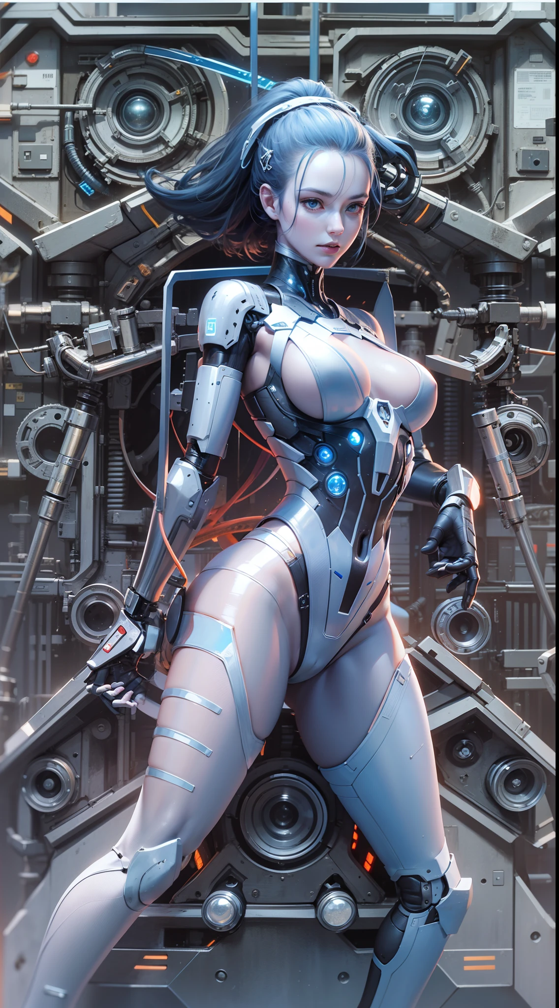 Complex 3d rendering of beautiful ceramic silhouette female robot face in great detail,Black rough Leica leotard,Glowing blue band,cyborg people,cyborg robot parts,machine arm,mechanical leg,looking at viewert,150 mm,softlighting,rim-light,vibrant detail,Luxurious cyberpunk,lacing,ultra-realistic realism,parfect anatomy,face muscles,tight-fitting,Cable Electrical Wire,micro Chip,ellegance,beatiful background,rendering by octane,HR Giger style,8k,best qualtiy,tmasterpiece,illustratio,Extremely refined and beautiful,extremely detaile,CG,unified,Wallpapers,(realisticlying,realisticlying:1.37),Amazing Cleavage,finely detailled,tmasterpiece,Best quality at best,offcial art,非常详细的 CG unified 8k Wallpapers,full bodyesbian,grinning smile,standing on your feet,sexyposture,little breast, The city of the future, buliding, Stand up,full bodyesbian,long leges,upper legs