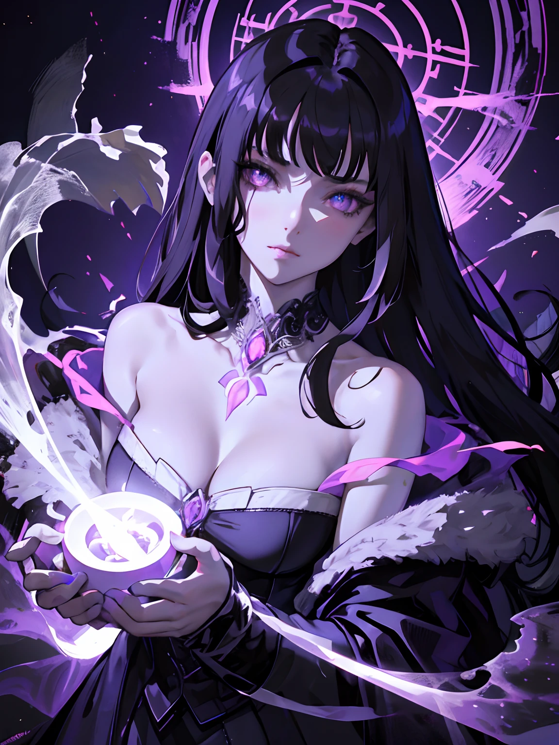 ((masterpiece, best quality)), (1girl), (solo), (female focus), (dark hair, long hair), hair over one eye, purple eyes, arms behind back, sad eyes, cold facial expression, cold look, gothic dress, pale skin, colour grading, dark illustration, extreme quality, radiant, extremely detailed, ultra-detailed face, ultra hd 8k, ultra digitality, mythical, dark lightning, perfect face, beautiful, (perfect composition: 1. 4), detailed face and body, award-winning photography , fields, detailed face, detailed hands, looking at the viewer, cinematic lighting, embers, fantasy background, water splashes, foggy haze, (necromancer), (villain), faux traditional media, (masterpiece, best quality, ultra-detailed, best shadow), (beautiful detailed face, feminine features), (best illumination), ((cinematic light)), colorful, hyper detail, dramatic light, intricate details, (dark circle under eyes), gothic, decadence, stunning, eerie