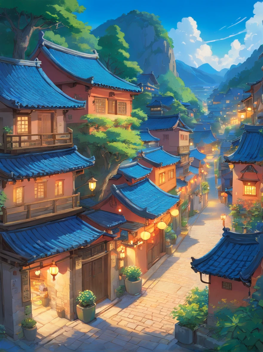 A beautiful village in the Zhuang style，Blue skies，Every house is lit up。