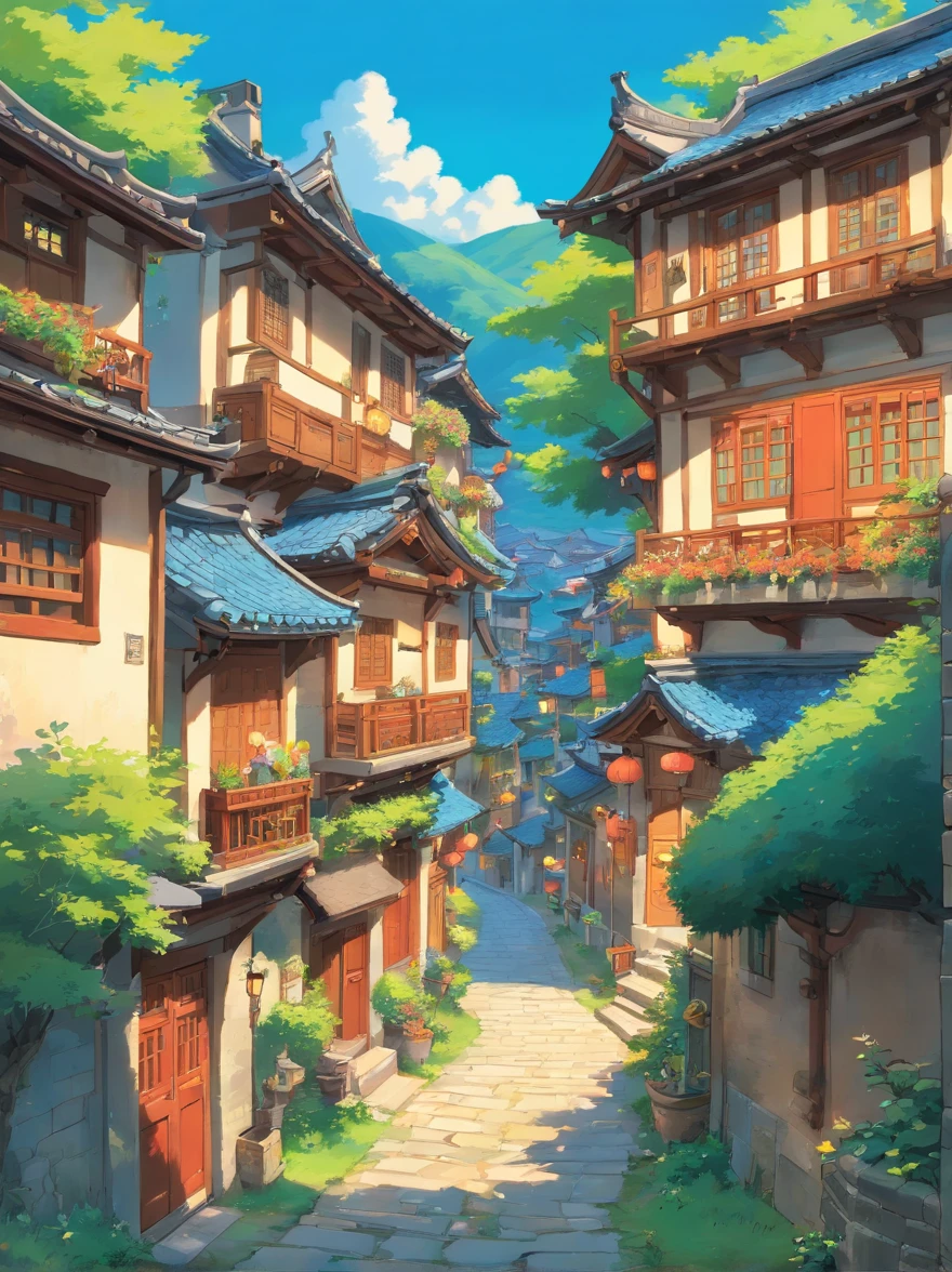 A beautiful village in the Zhuang style,Blue skies,Every house is lit up。
