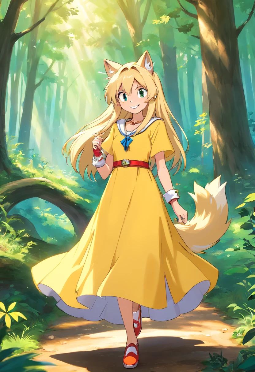 Sonic the hedgehog world wolf girl, long flowing dress, blond hair, long necklace, ring, forest background, grinning, poses away