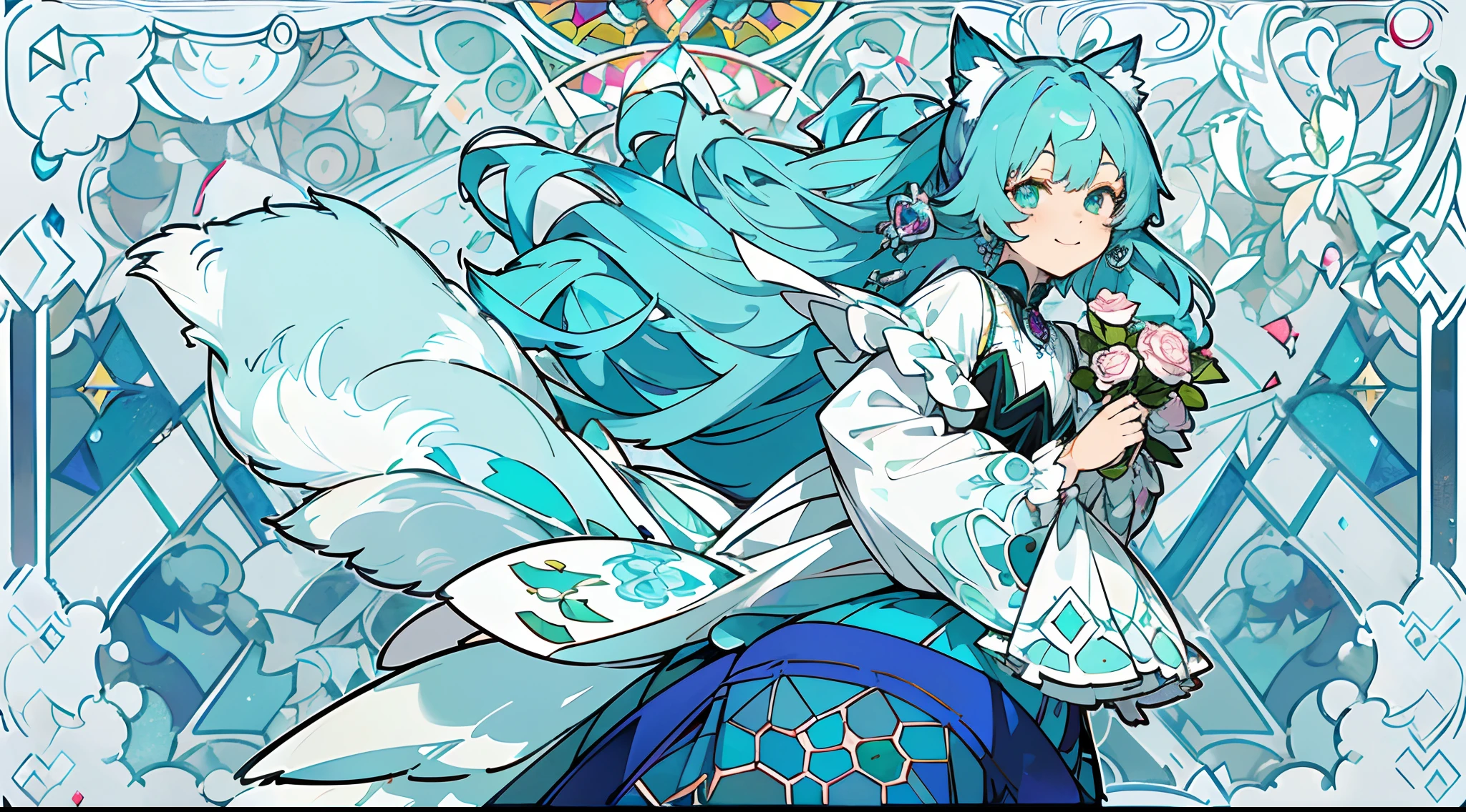 (The skin is not exposed, Long sleeve blouse with ruffles), (Solo), Very cute girl (1), Colorful stained glass on background,  Multicolored roses,Rose vine, ((Super Long Turquoise Blue Hair, Earring Color,Wolf ears)), (Super smile), Dynamism, (Her eyes are emerald green), (kirakira) (Detail Objects)Close-up angle of the face