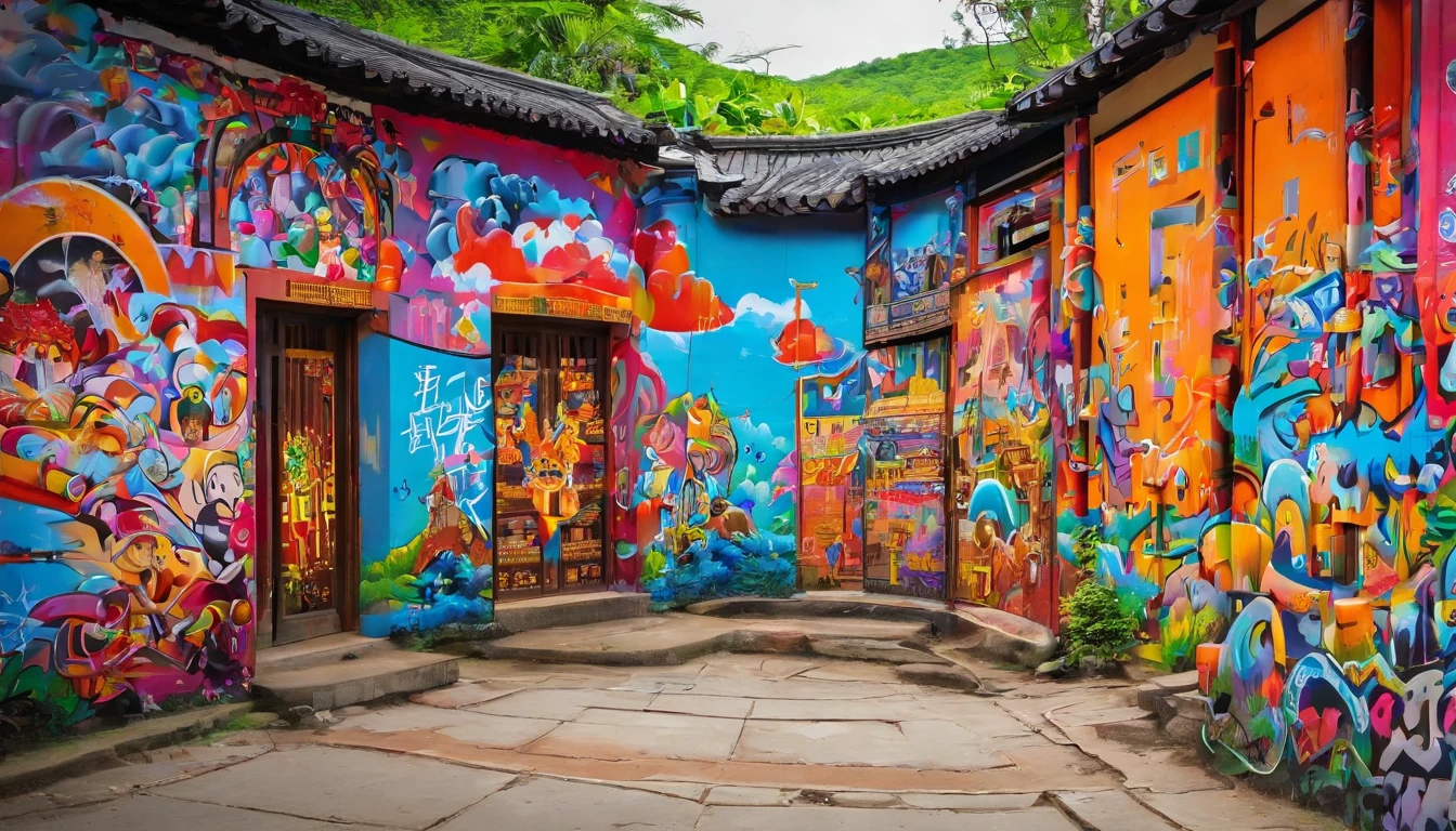 A group of people beat gongs and drums in the village clearing，Meet the two  boys，It is surrounded by Zhuang wooden houses