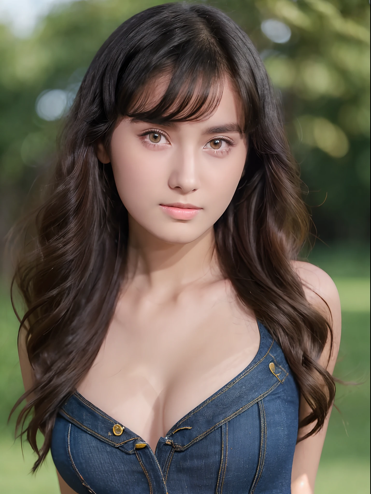 (Masterpiece, Best Quality, High Quality, 8K, UHD), a beautiful girl, 17 years old, (wearing a red tankt_top, shorts jeans, long hair, posing as a model), in a green park. beautiful face, white skin, black hair, smooth skin, ideal body, detailed face and eyes,