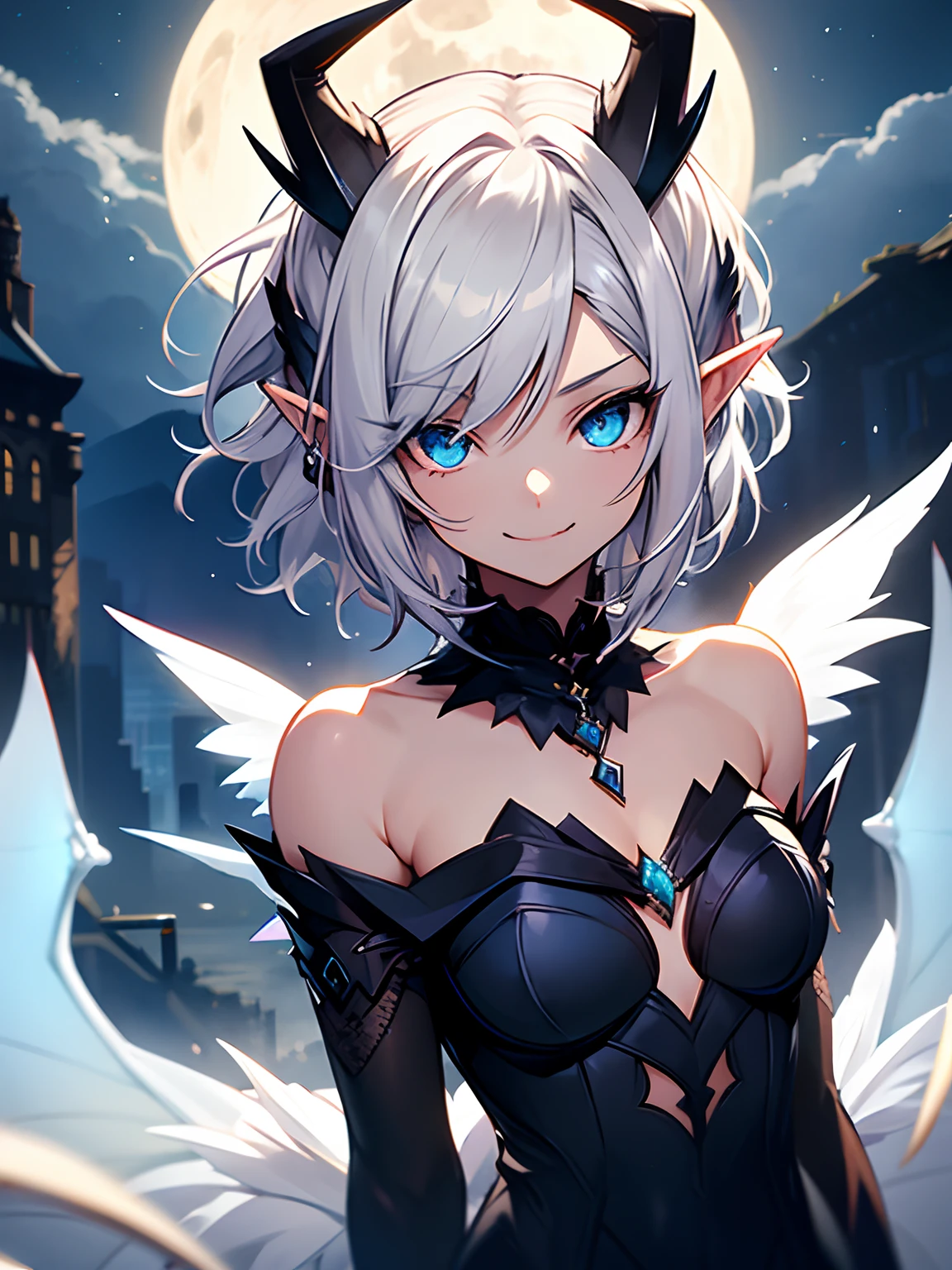 1girl, Highly detailed, elf ears, very short hair, white hair, asymmetrical hair, wavy hair, dress, blue eyes, glowing eyes, fangs, dragon eyes, feathered hair, blue gem necklace, slender, angel wings, small-medium chest, dragon horns, masterpiece, hybrid dragon form, under the moon, smiling eerily