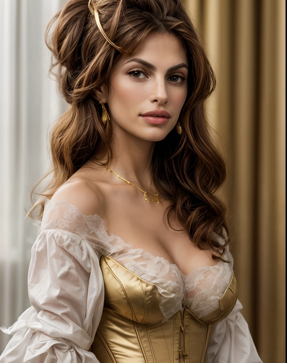 Ein realistisches Farbfoto einer Frau (Eva Mendes), The woman wears a corset with a very deep neckline, the woman wears an elaborate gold necklace, The woman has a beautiful bosom, the woman has a seductive look