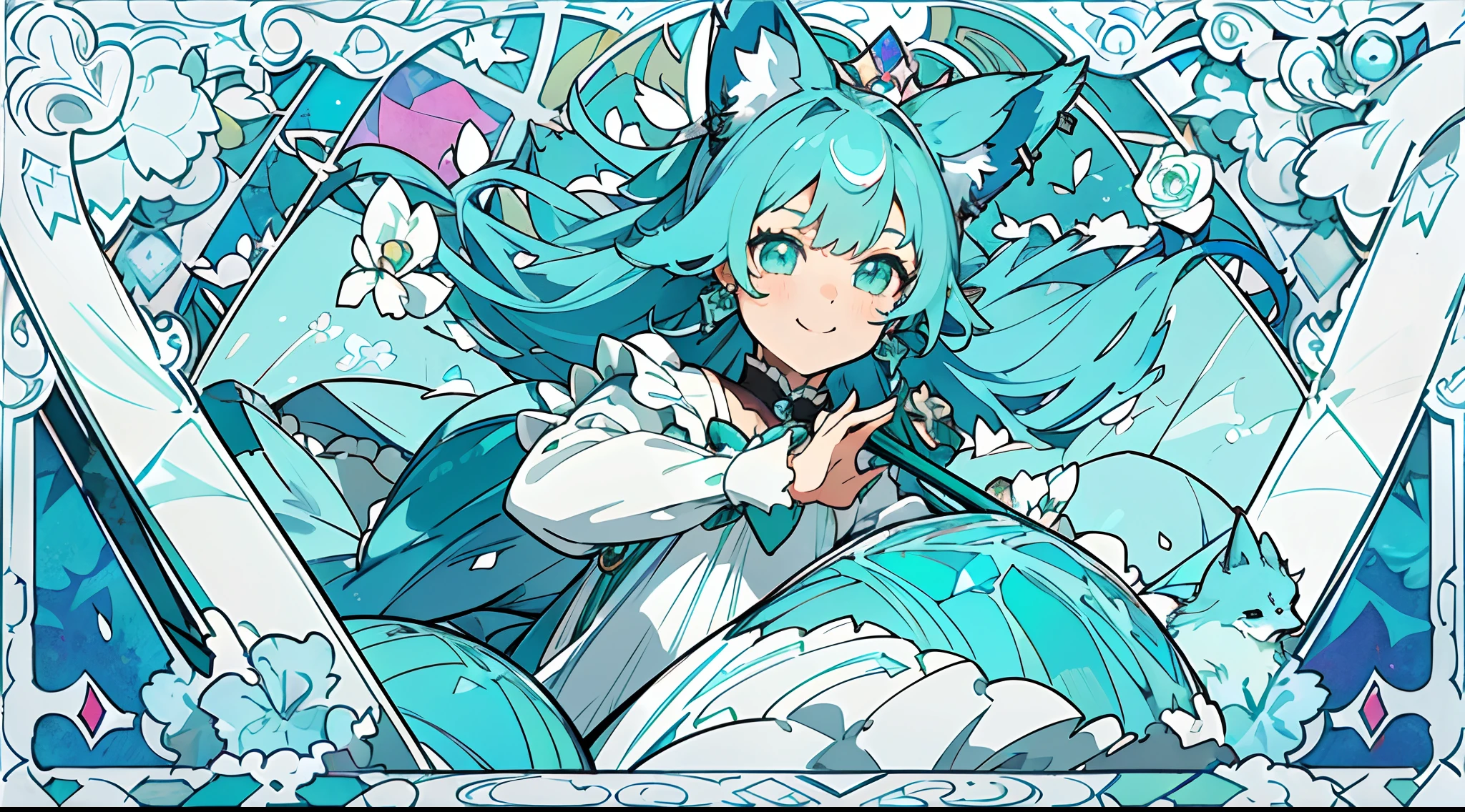 (The skin is not exposed, Long sleeve blouse with ruffles), (Solo), Very cute girl (1), Colorful stained glass on background, Multicolored roses,Rose vine, ((Super Long Turquoise Blue Hair, Earring Color,Wolf ears)), (Super smile), Dynamism, (Her eyes are emerald green), (kirakira) (Detail Objects)Close-up angle of the face