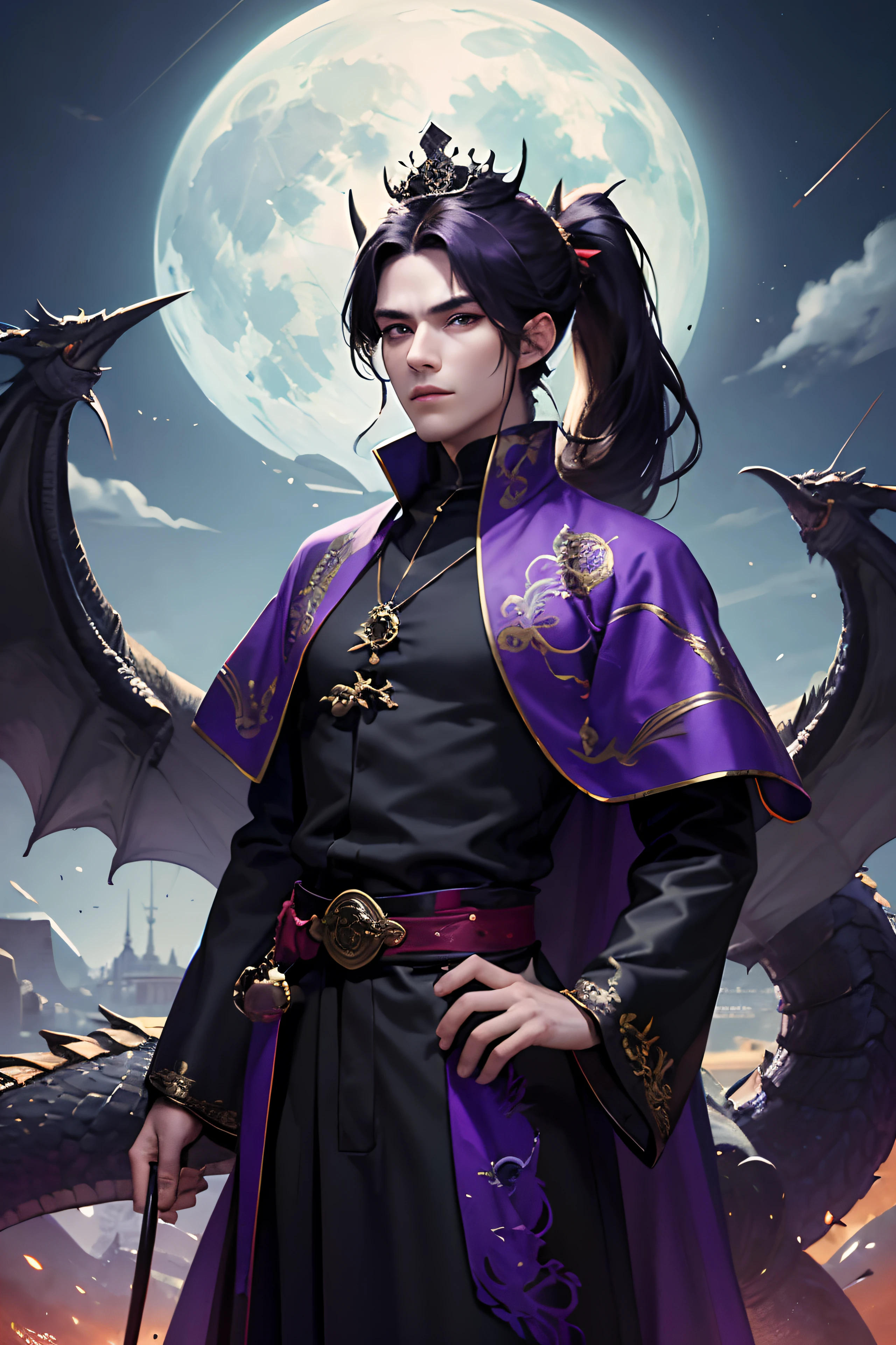 lots of details, real-world scenarios, high-definition photography, perfect hands, perfect eyes, perfect skin, perfect face, fierce 4k, masterpiece, looking at viewer, ((1 man 21 year old)), handsome, demon, king, emperor, warrior, (wearing a emperor crown), black long hair, messy ponytail, mountain, large moon, (((wearing a royal black long robe with bright purple dragon embroidery))), black turtleneck shirt, black pants, (((male))), battle pose, dragon