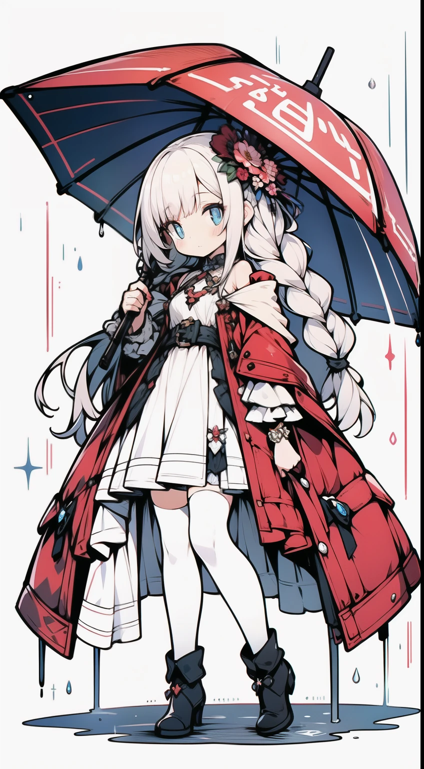 1girll, full bodyesbian, ,Wear a modernist coat,Rainy days, Foggy, Light gray hair, long whitr hair,Double up braid,bangs detached, Blue bright eyes, Big eyes as perfect as diamonds, Cute, Character design, Detailed, anime big breast, Official, flower pattern, Pink detail with sequins and brush, clip studio paint, csp, ..PSD,white stockings,With a petite figure。Small chest,Pink costume,