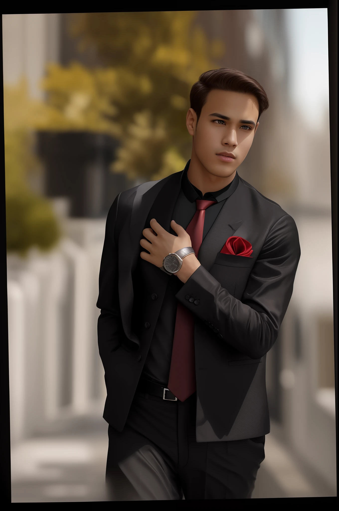 solo, looking at viewer, shirt, 1boy, street, brown eyes, standing, tail, full body, male focus, necktie, belt, pants, medium hair, black footwear, black pants, formal, suit, red necktie, black suit, futuristic background realistic face 4k ultra realistic face