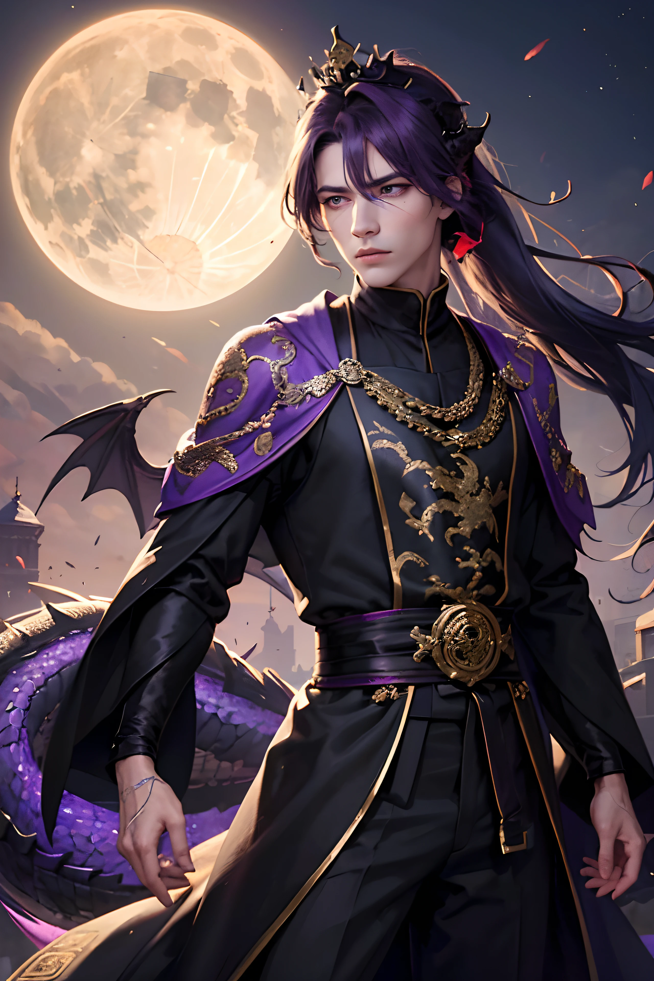 lots of details, real-world scenarios, high-definition photography, perfect hands, perfect eyes, perfect skin, perfect face, fierce 4k, masterpiece, looking at viewer, ((1 man 21 year old)), handsome, demon, king, emperor, warrior, (wearing a emperor crown), black long hair, messy ponytail, mountain, large moon, (((wearing a royal black long robe with bright purple dragon embroidery))), black turtleneck shirt, black pants, (((male))), battle pose, dragon