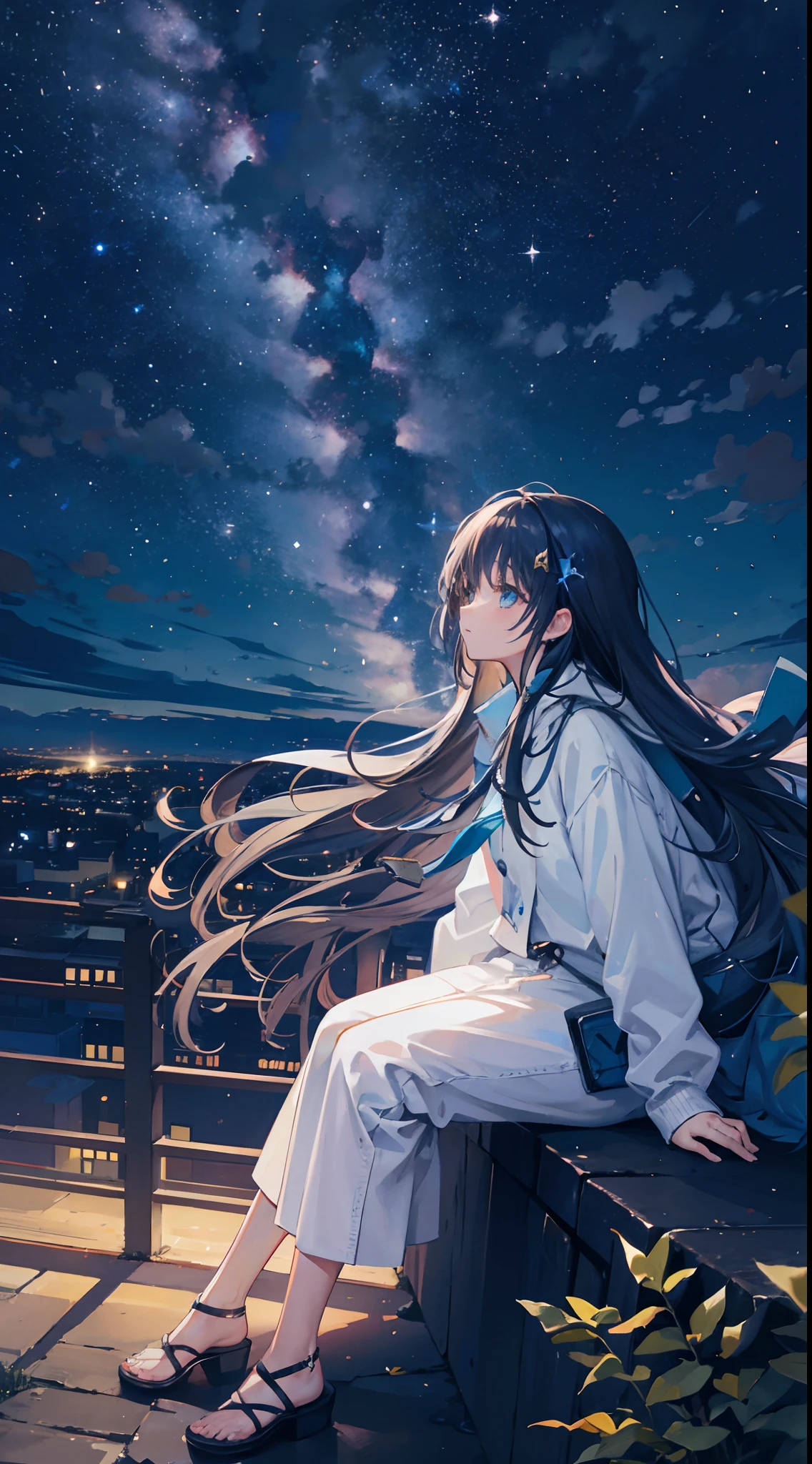 octans, sky, star (sky), scenery, starry sky, night, 1girl, night sky, solo, outdoors, building, cloud, milky way, sitting, tree, long hair, city, silhouette, cityscape