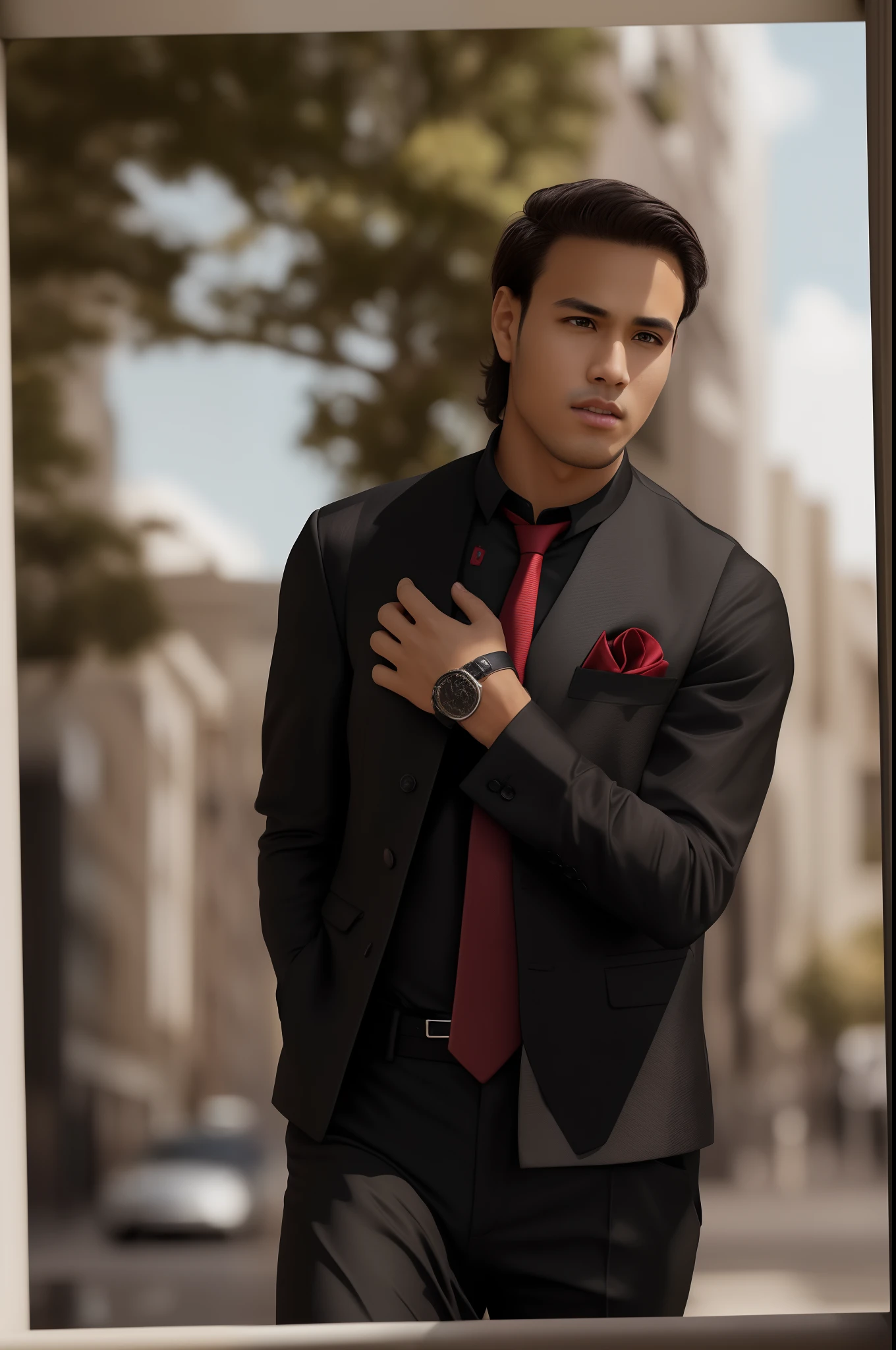 solo, looking at viewer, shirt, 1boy, street, brown eyes, standing, tail, full body, male focus, necktie, belt, pants, medium hair, black footwear, black pants, formal, suit, red necktie, black suit, futuristic background realistic face 4k ultra realistic face