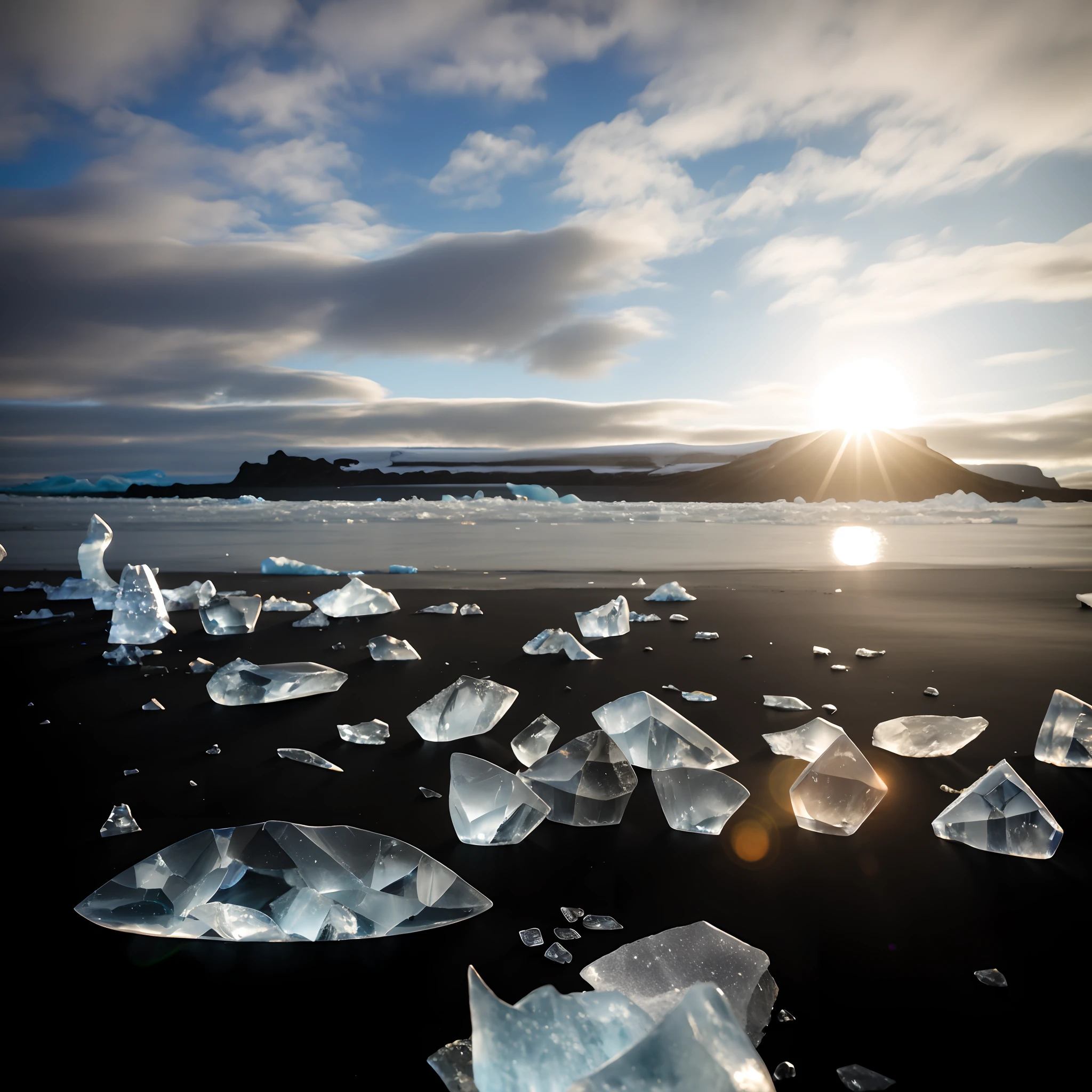 late sunset,Icebergs on a sunny beach, iceland photography, Solar eclipse in Iceland, iceland landscape photography, iceland, Sparkling ice, glinting particles of ice, 4 0 9 6, ice and glaciers, ice shards, glowing crystals on the ground, still from nature documentary, Frozen sea, icy landscape, icy glaciers