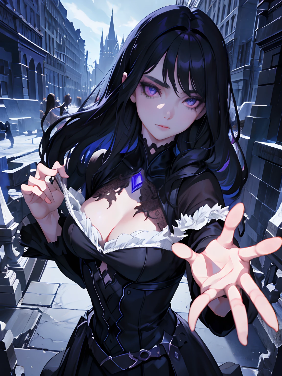 ((masterpiece, best quality)), (1girl), (solo), (female focus), (dark hair, long hair), hair over one eye, purple eyes, arms behind back, sad eyes, cold facial expression, cold look, gothic dress, pale skin, colour grading, dark illustration, extreme quality, radiant, extremely detailed, ultra-detailed face, ultra hd 8k, ultra digitality, mythical, dark lightning, perfect face, beautiful, (perfect composition: 1. 4), detailed face and body, award-winning photography , fields, detailed face, detailed hands, looking at the viewer, cinematic lighting, embers, fantasy background, water splashes, foggy haze, (necromancer), (villain), faux traditional media, (masterpiece, best quality, ultra-detailed, best shadow), (beautiful detailed face, feminine features), (best illumination), ((cinematic light)), colorful, hyper detail, dramatic light, intricate details, (dark circle under eyes), gothic, decadence, stunning, eerie