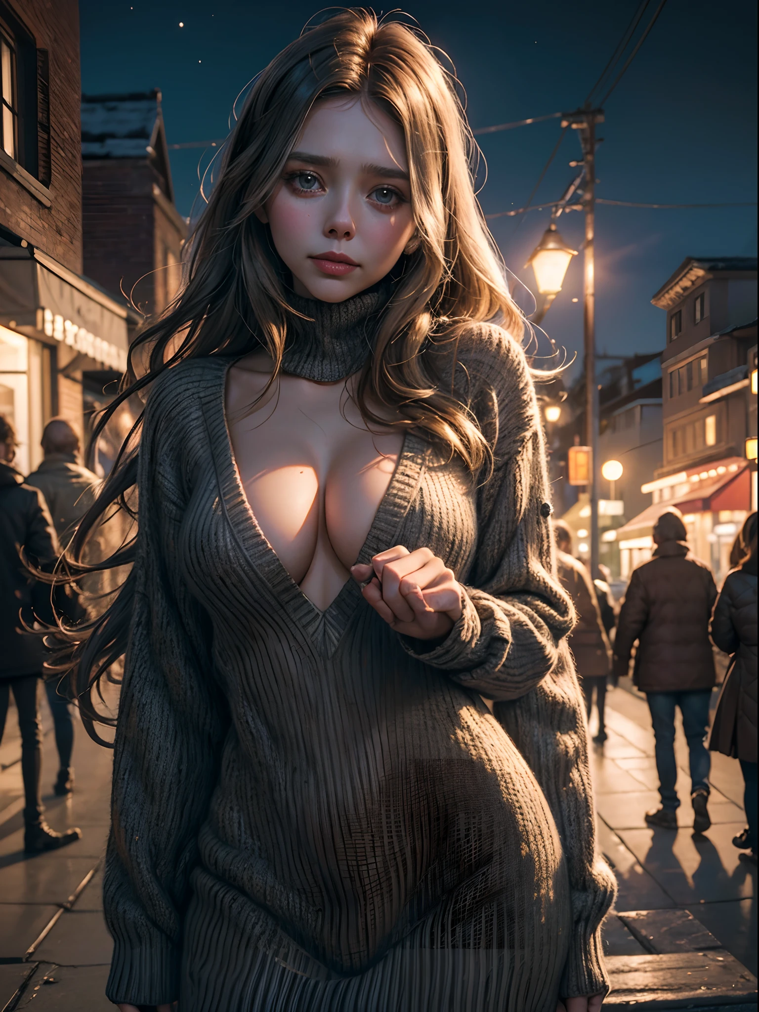 (RAW style, masterpiece, best quality, ultra-detailed), 28 years old Elizabeth Olsen posting outdoor, deep V sweater, big breast, beautiful night, cheerfully and happy, clear sky, analog style, (skin texture, film grain), cinematic light, sidelighting, ultra high res
