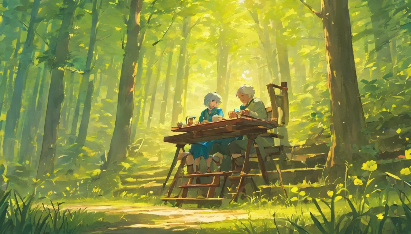 In the beautiful landscape countryside,The old man sat on a stool and taught the to sing,Plays drums,Happy expression,Cartoon illustration