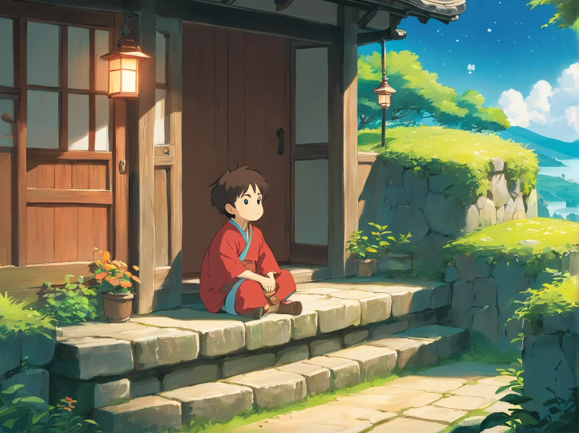 natta,A little boy sits alone on the threshold,A little boy sits alone on the threshold,Wear the clothes of ethnic minorities,Wear the clothes of ethnic minorities,Outside is a small road,There are stars and moons in the sky,There was an adult standing on the path,There was an adult standing on the path