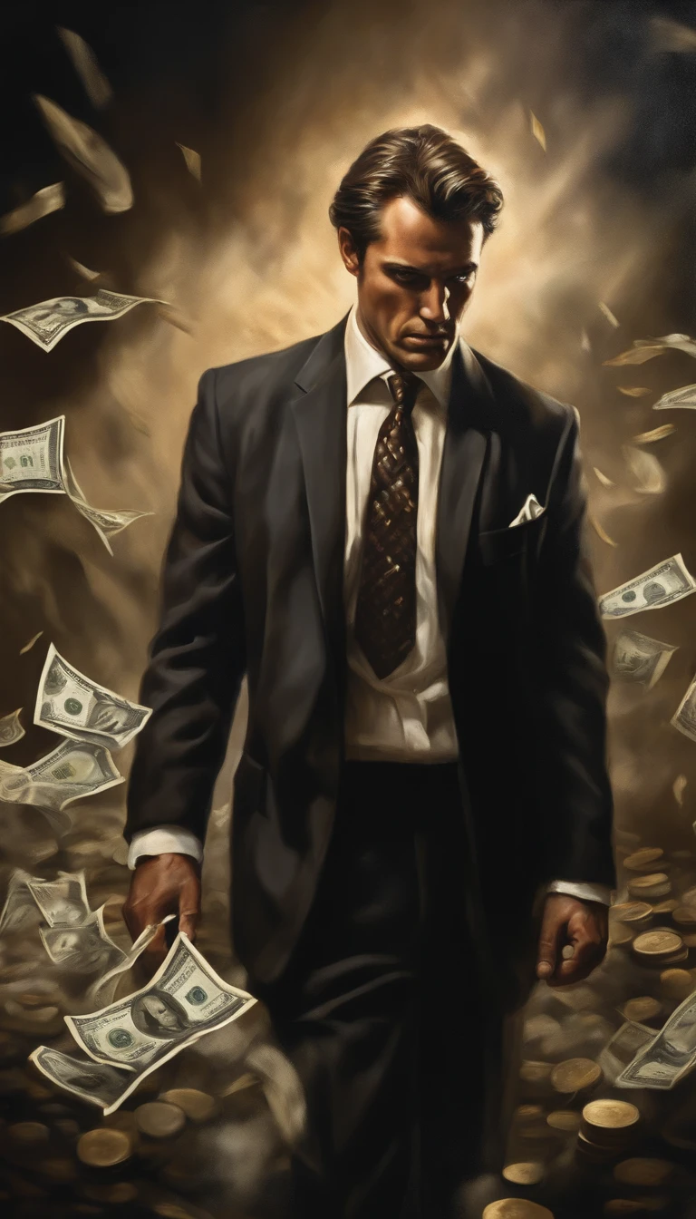 Man fighting money, Oil Painting, Harsh brush strokes, Dramatic Lighting, intense expression, Determined eyes, hold fists, sweat dripping down his face, Wrinkled suit, broken chains, Crumbling dollar bills, Crumbling Stock Market Graph, Smoke rises in the background, Black and white with a touch of gold, Realism. (Best Quality, hight resolution, Ultra-detailed), (Realistic:1.37), Professional, Vivid colors.