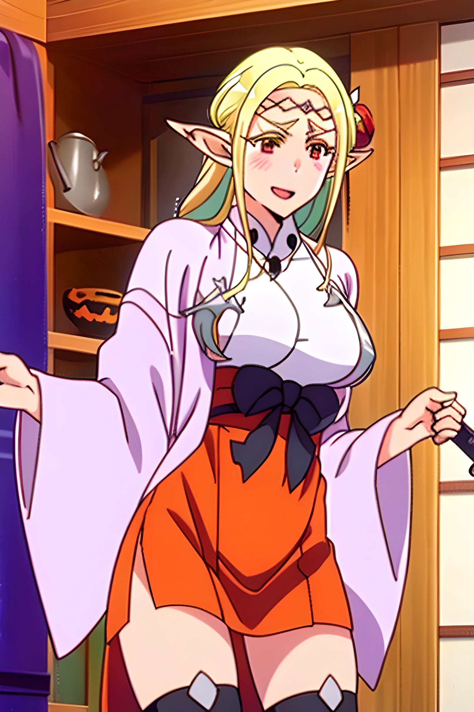 solo, 1girl,  best quality, masterpiece,
elda,  smile, open mouth, blonde hair, hair ornament, red eyes, flower, japanese clothes, pointy ears, hair flower, wide sleeves, elf, circlet, miko, tabi ,  black nightgown, miniskirt, cowboy shot, large breasts, black thighhighs, halloween, jack-o'-lantern,