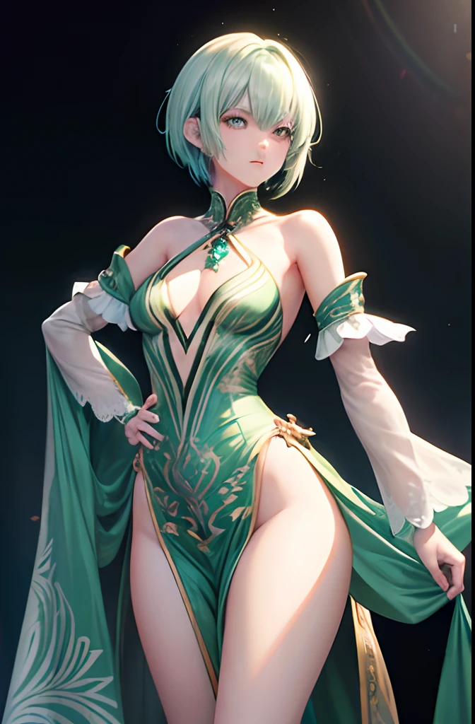 (masterpiece,) (HDR:1.4)attractive anime young woman, multicolored jade green and silver lined hair, streaked hair, green and white wig,full body composition,clean lines, sharp focus, style of artgerm, akihiko yoshida, makoto shinkai, unreal engine 5,octane render exquisite details, fine eyelashes, shiny eyes, visual complementary color, light,translucent, psychedelic, hidden color, clean color, natural, translucent, exposure,(short hair, petite, pixie, tomboy)