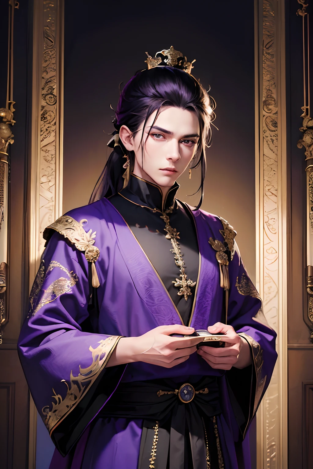 lots of details, real-world scenarios, high-definition photography, perfect hands, perfect eyes, symmetric eyes, perfect skin, perfect face, fierce 4k, masterpiece, looking at viewer, ((1 man 21 year old)), handsome, demon, king, emperor, warrior, (wearing a emperor crown), black long hair, messy ponytail, mountain, large moon, (((wearing a royal black long robe with bright purple dragon embroidery))), black turtleneck shirt, black pants, (((male))), battle