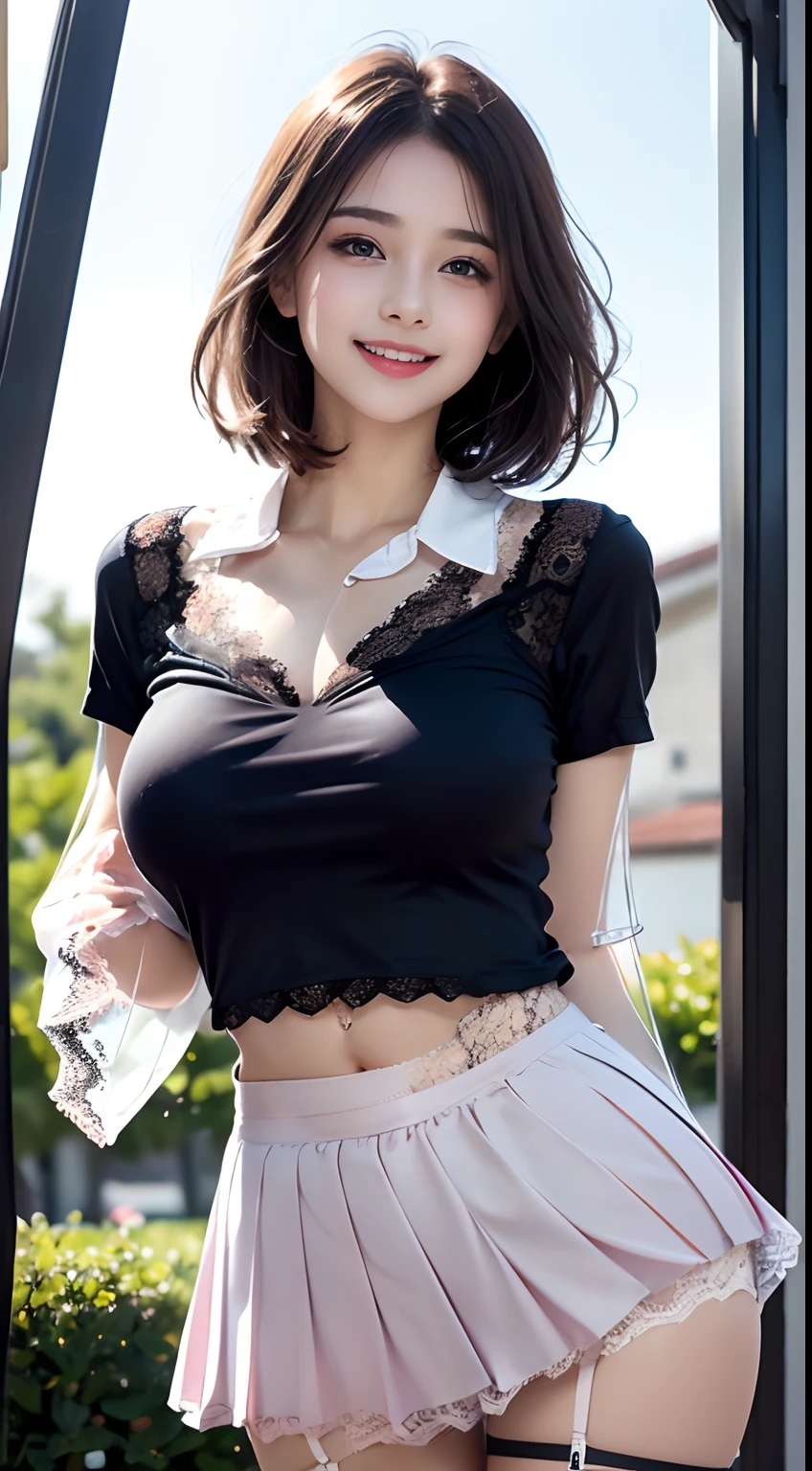(1girl in), dark brown hair, Amazing face and eyes, Pink eyes, (High school uniform with wide open chest:1.1), Beautiful big breasts, Chest wide open, (amazingly beautiful girl), short-hair, (High School Uniform, Pleated mini-skirt:1.5), ((Best Quality)), (a beautiful slender girl), (extremely detailed CG unified 8k wallpaper), Highly detailed, High-definition raw color photos, Professional Photography,A gentle smile full of happiness、Expression in a state of excitement、Lacking、panting、Rejoice with tears、(((Transparent lace panties are visible:1.5)))、Jumping、Windy、the beach