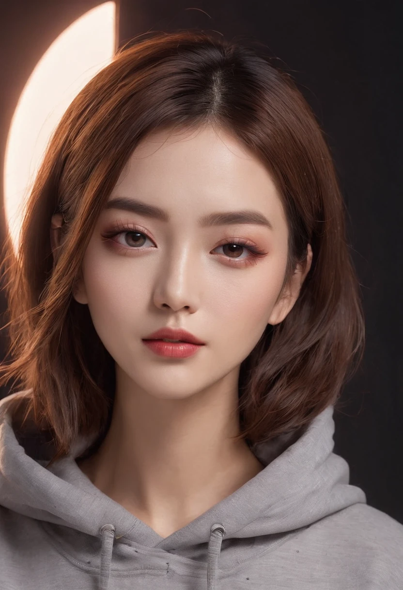 Brown hair, medium hair cut: shoulder length hair cut, waivy hair, southeast asian woman, 30 years old, wearing round eyeglasses, defined nose, defined heart shaped face, defined rounded nose, long eyelashes, round eyes, brown eyes, straight thick eyebrows, with freckles, fair skin tone, slim, make up is little pink blush and nude lipstick. Wearing dark gray hoodie with logo of Luchi Divoo in the hoodie, dark background with moon and sun and galaxy background, half body, medium-sized breast, beautiful woman,
