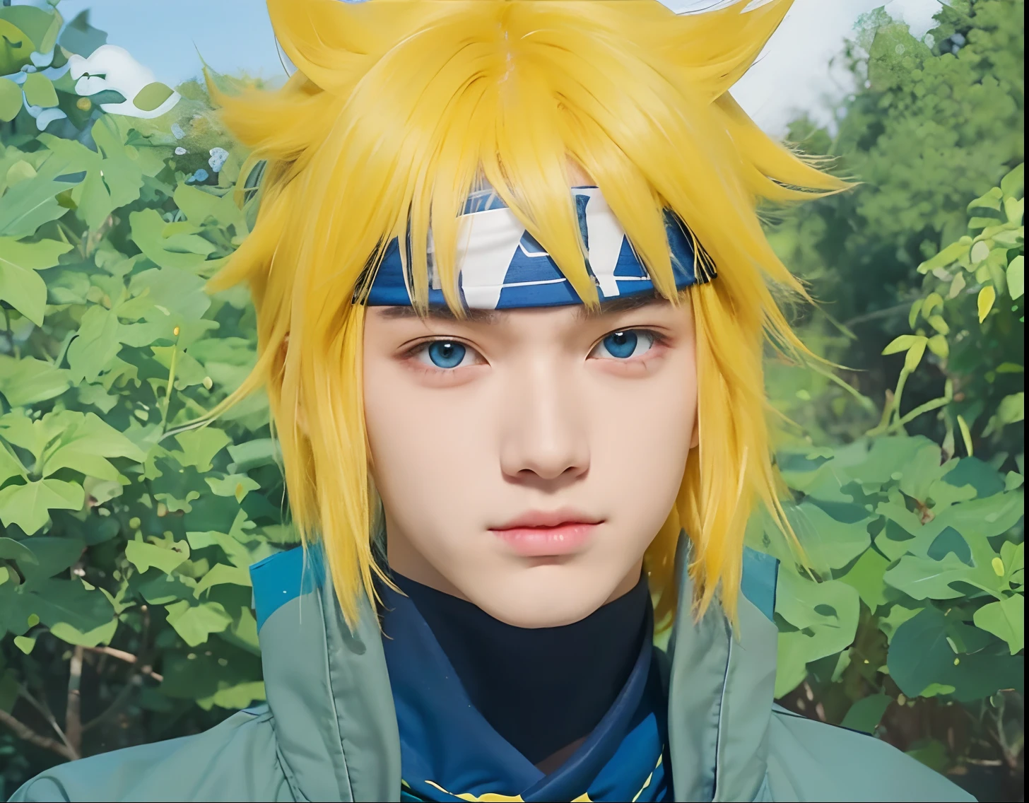boy with realistic yellow hair, realistic bandana, Realistic bright blue eyes,handsome face of Korean teenager,Realistic cool expressions, adapt the exact same clothes, realistic light,Realistic shadows, realistic backgrounds