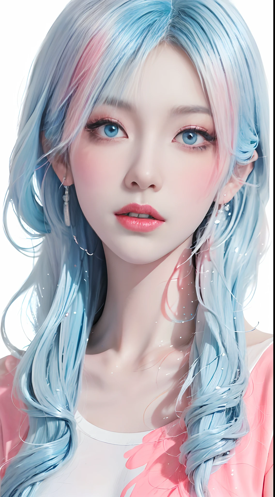 (Masterpiece, Best Quality, High Resolution), White Background, Acrylic Paint, ((Color Splash, Splash of Ink, Color Splash)), Sweet Chinese Girl, Long Light Blue Hair, [Light Blue|Pink] Hair, Curly Hair, Glitter, Peach Lips, White Shirt, Front, Upper Body