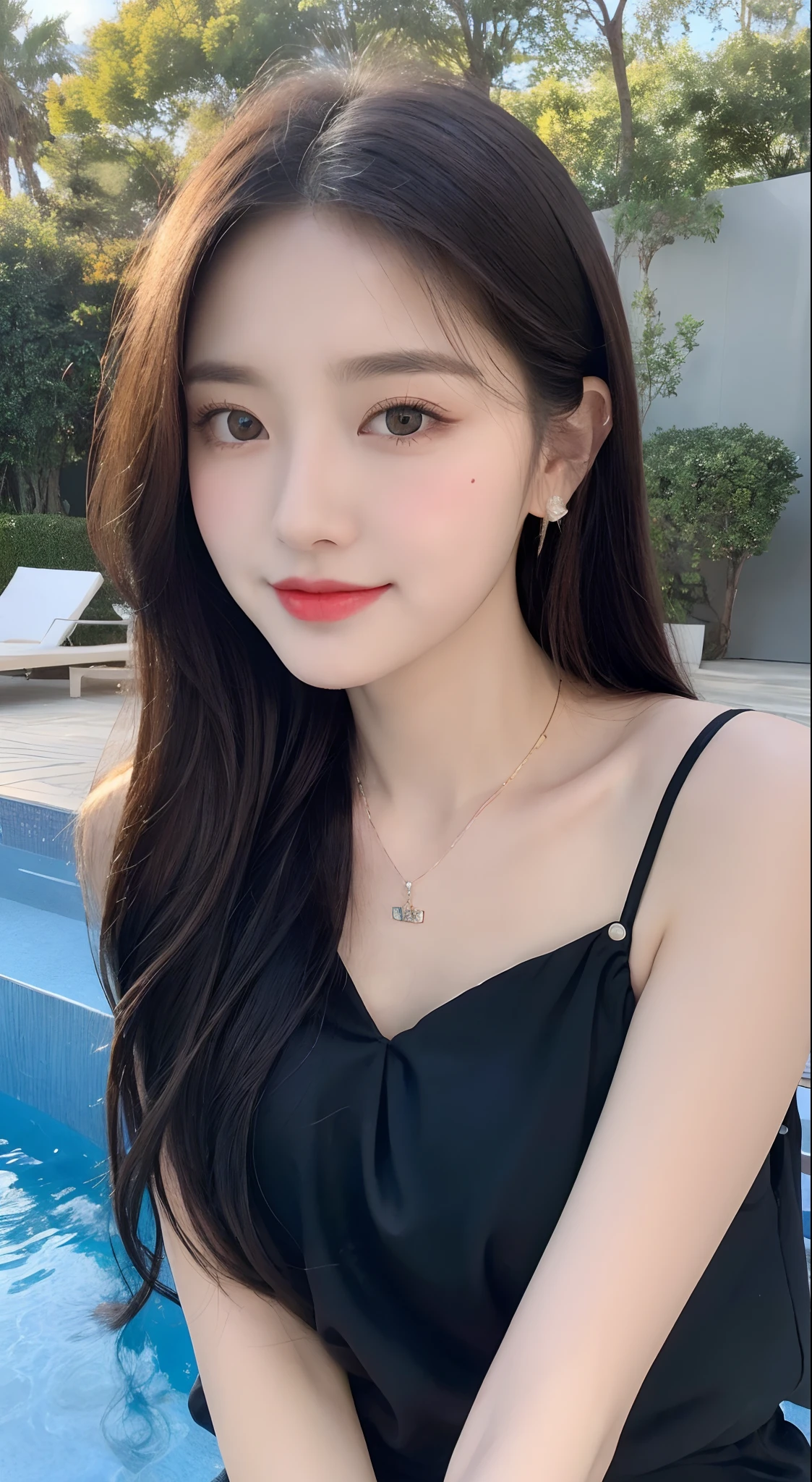 (Best quality, 8K, tmasterpiece:1.3)), A pretty maiden,pure,Melon seed face,gentle and cute,A sweet smile,Pure desire,Thin stature,(street frontage),(tilt your head),staring right into camera,校服, inner strength, formal,Black silky long, hair straight,Long hair flowing past shoulders,Big, round, black eyes,clear big eyes,Hydrated red lips,Sweet,Beautiful necklace,Delicate stud earrings,sitting at the edge of pool,with blue sky and white clouds,blue-sky,