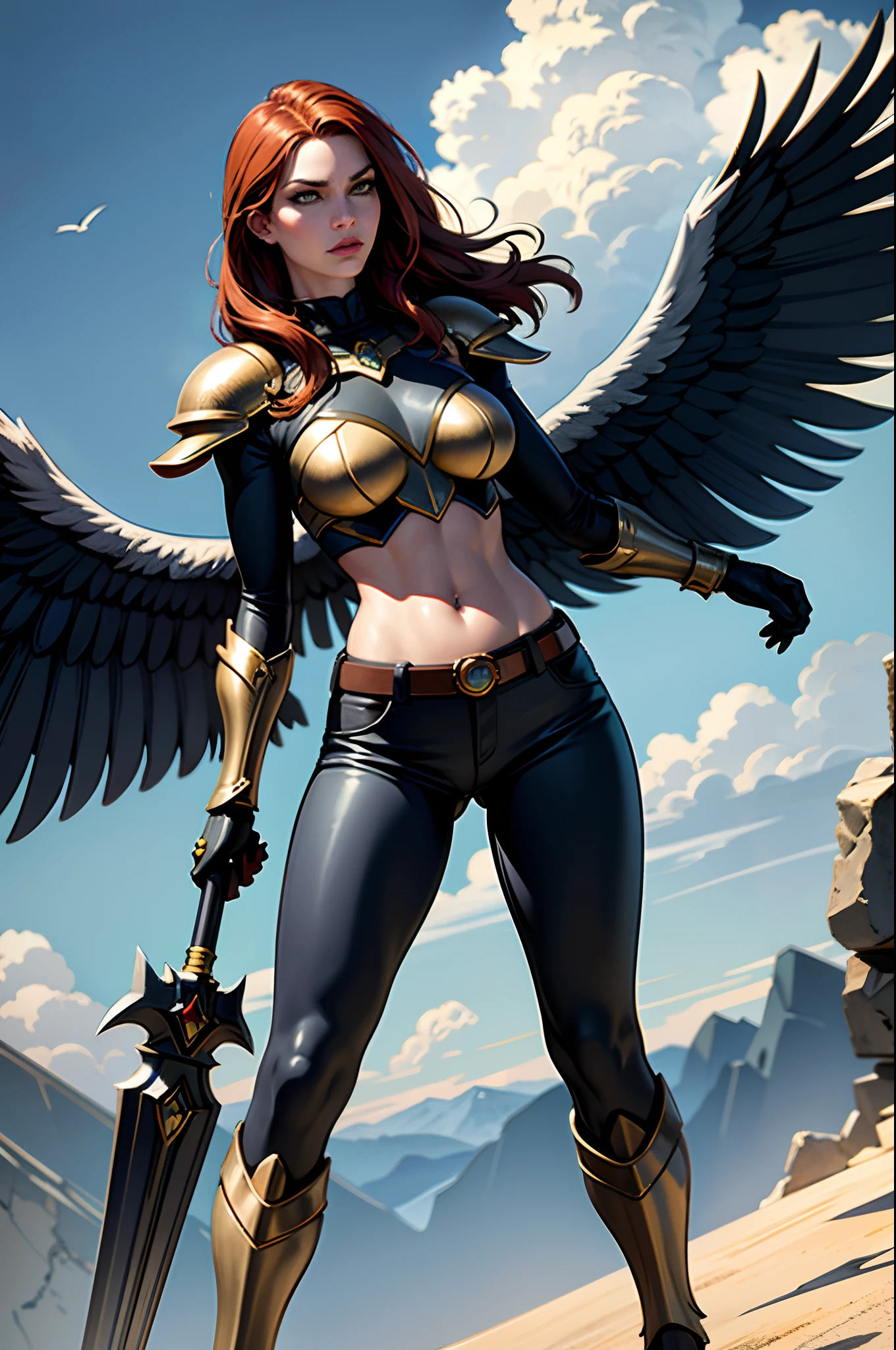 (cowboy shot), (masterpiece), (best quality:1.0), (ultra highres:1.0), highly detailed face and eyes, (photorealistic:1.2)
BREAK
Shayera from DC comics,hawk girl from DC comics, green eyes, mask, metal wings, wings, holding weapon, large spiked mace, electricity
navy-blue plate armor, black pants, midriff, belt,
BREAK
sky, lightning, clouds