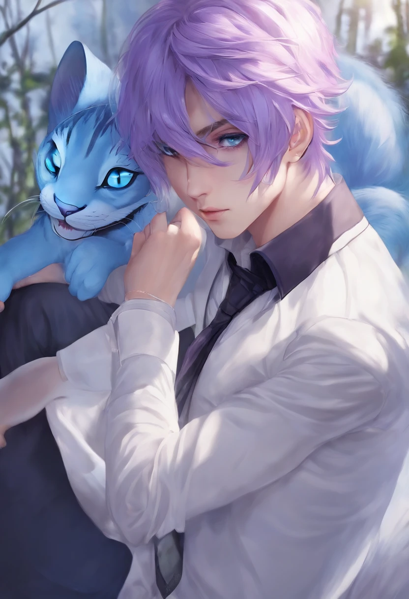A very attractive purple haired boy with very vibrant blue eyes, Cheshire Cat themed clothing, flirty look, white dress shirt