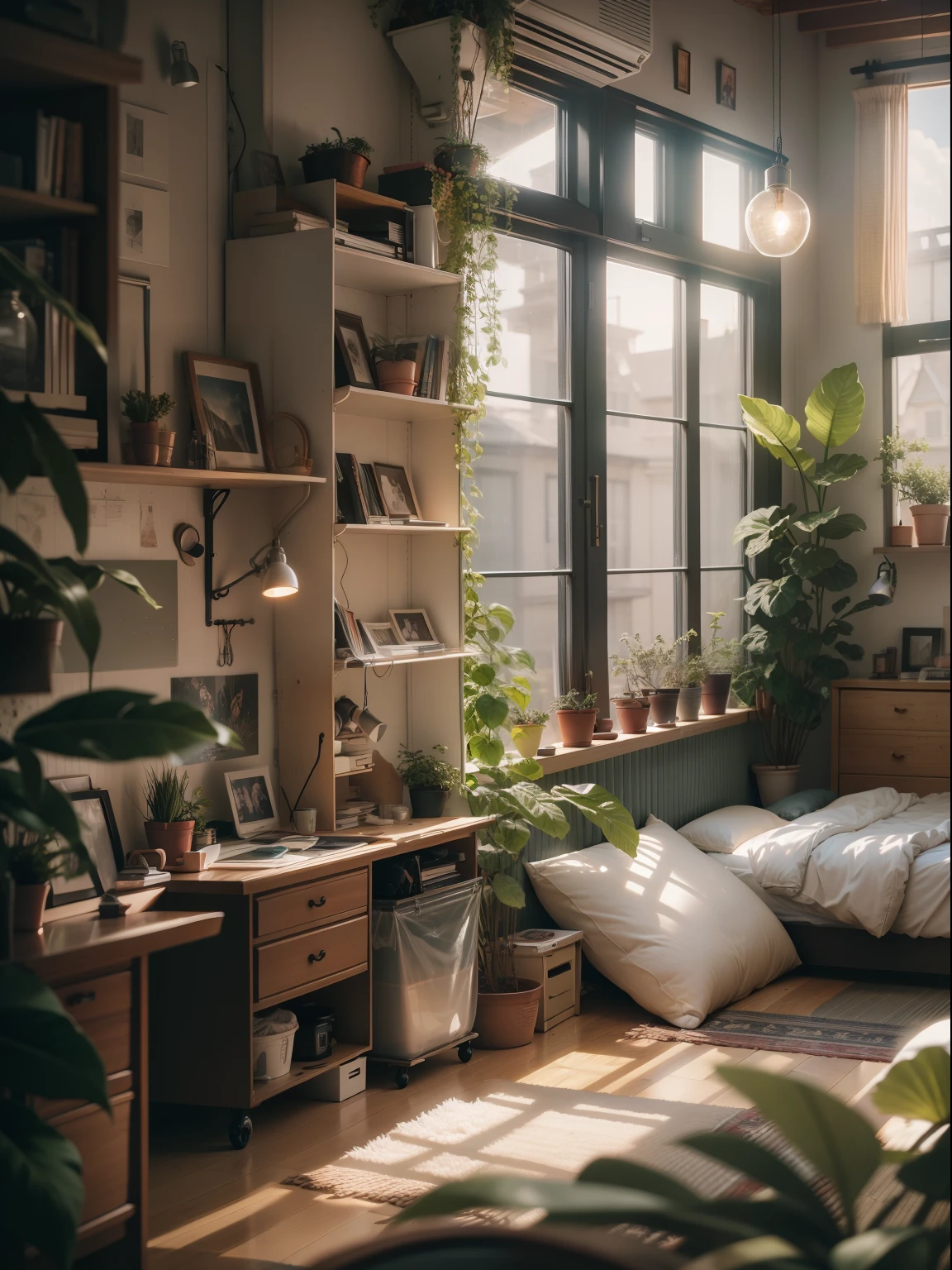 High detail RAW color photography, Loft-style bedroom interior, (The is very detailed, Hyper-detailing, entangled), (Lens glare: 0,7), (full bloom: 0,7), particle fx, Ray traching, 电影灯光, Shallow depth of field, photographed using Sony A9 II, 50mm wide angle lens, sharp-focus