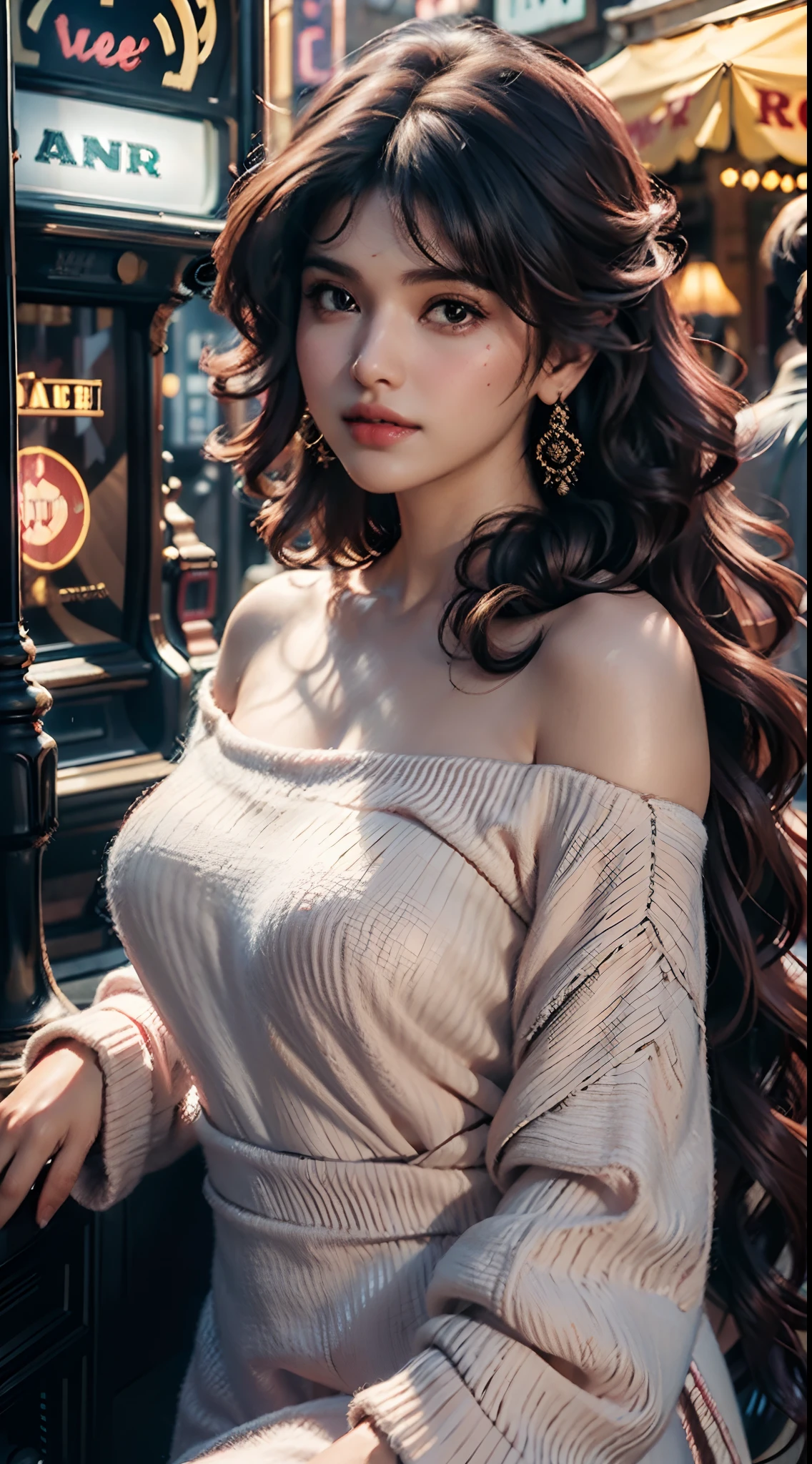 Best quality, masterpiece, ultra high res, (photorealistic:1.4), raw photo, 1girl, light pink woolen off shoulder, cinematic lighting, gaming arcade, big perky boobs, long curly hair, Raveena Tandon, front facing, hands back of head