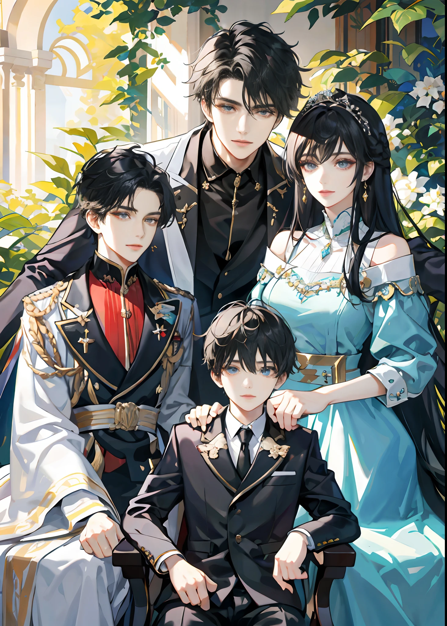 family, royal, elegant, good looking, kids, detailed, 4k, mom and dad, son and daughter, beautiful family, detailed eyes, pretty hair, handsome man, gorgeous woman, fine mom, hot dad, pretty kids, hot parents, kids, daughter, sons, mom with black hair, dad with different color hair