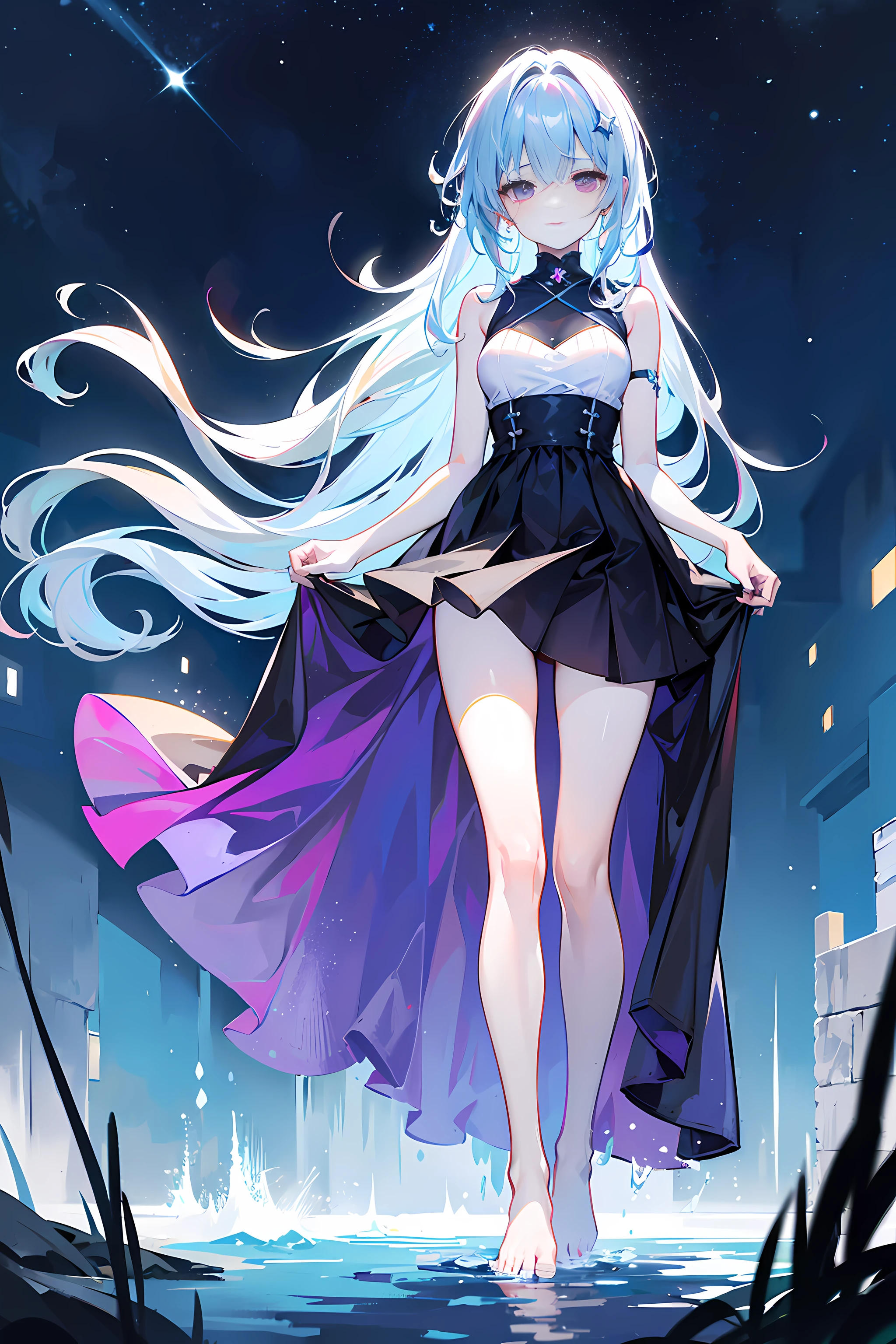 Light blue gradient hair,Asymmetrical hair, hair over shoulders, Messy hair, Very long hair, Shiny hair，(Long hair:1.2),a beauty girl，Violet skirt，Tall and tall，slenderness，(Looks sad，face drawn and pale，grieves，closing the mouth：1.2） Set against the backdrop of a brilliant dark starry sky，Barefoot，afloat，waterface，Dignified，long leges，Tap your toes with water，full bodyesbian