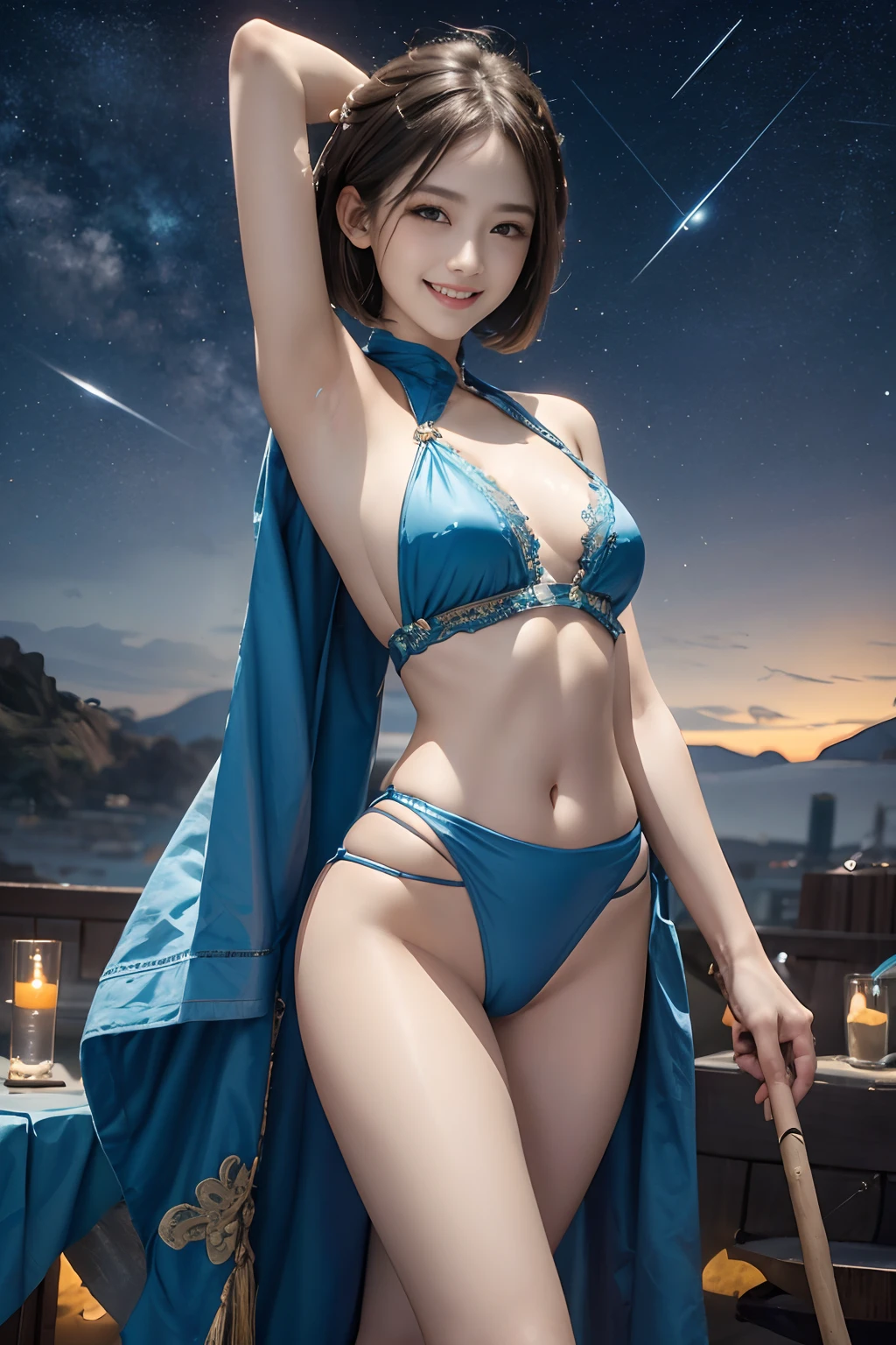 Smile full of happiness、((Looks happy:1.3))、Slender beautiful girl、18year old、Almost completely naked、Panting face、Lacking、Sweating、Expression in a state of excitement、short-hair、eye glass、Photorealistic,High resolution,Soft light,1womanl,hips up high, Large breasts, Blue eyes, Sexy traditional costume lace, Sexy fluorescent color traditional garment with very small fabric area,、Ultra Mini、Looks Back、Navel Ejection、Wide open chest、stick out、Starry sky with lots of shooting stars in the background at night、Light on her、Fold your hands behind your head、Open the crotch、raise one leg wide