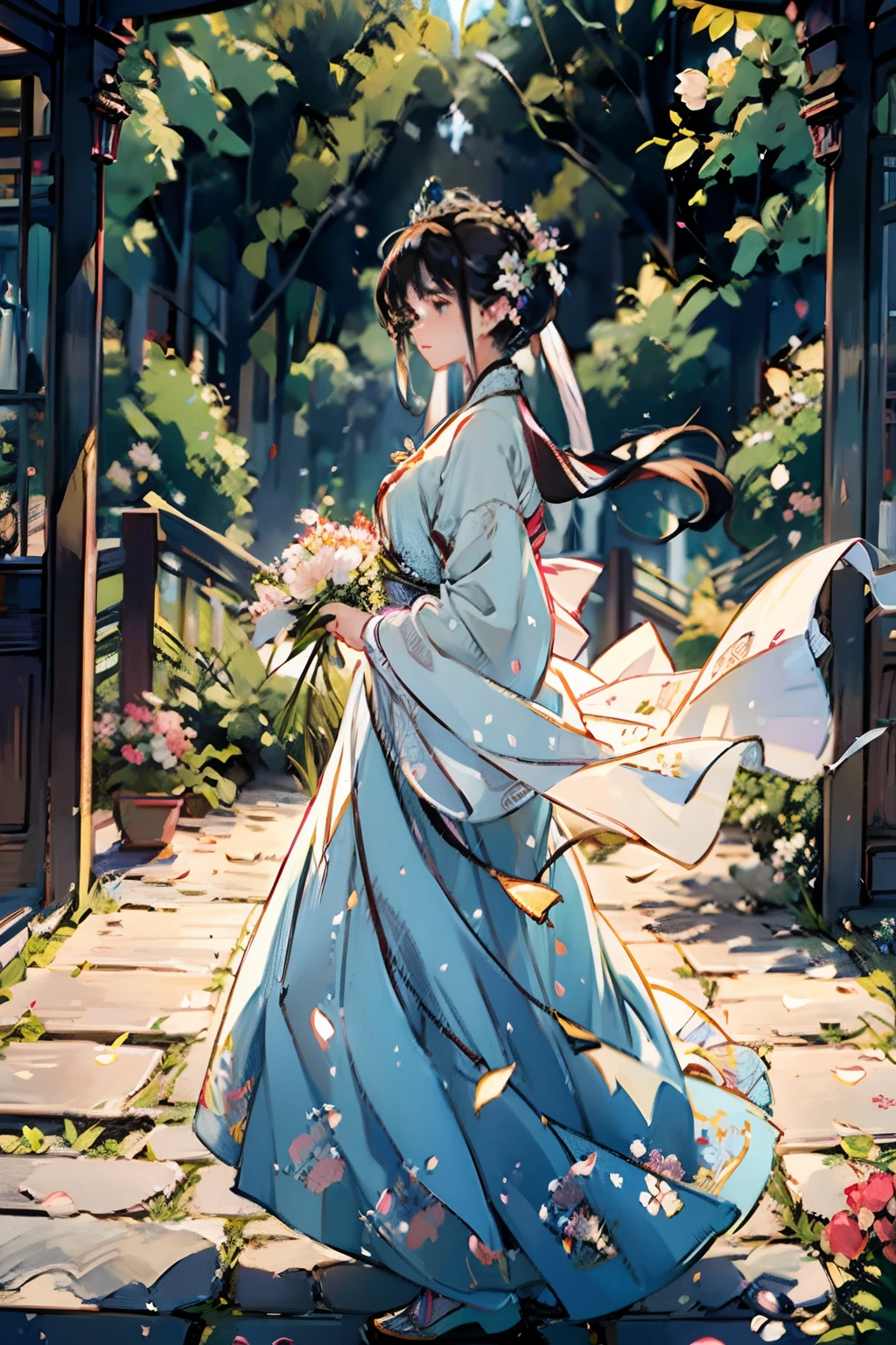 anime,white dress,holding bouquet of flowers,masterpiece,romanticism art style,palace,Hanfu,sparkling colors,vibrant flowers,elaborate details,soft lighting
(best quality,highres,masterpiece:1.2),ultra-detailed,anime,white dress,holding bouquet of flowers,romanticism art style,palace,Hanfu,sparkling colors,vibrant flowers,elaborate details,soft lighting,vibrant gardens,ethereal atmosphere,graceful movement,sunlit courtyard,colorful sunset skies,serene expression,gentle wind blowing,delicate lace patterns,meticulously painted fan,peaceful ambiance,lush greenery,splendid architecture,elegant columns,fine brushstrokes,flowing silk fabric,dreamlike setting,beautiful cherry blossoms,ornate headdress,dappled sunlight,majestic presence,tranquil reflection,breathtaking scenery,subtle gradients,ethereal beauty