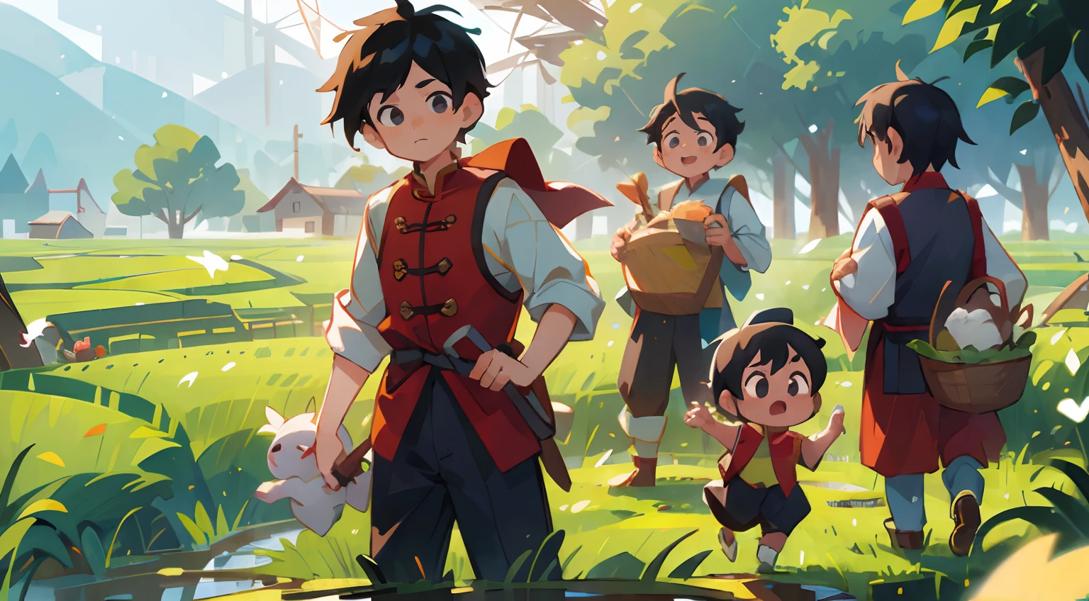 tmasterpiece, high high quality, male people, Gamine, Man with long black hair and black eyes, Q version, farm field background, rays of sunshine, Chinese children's clothing, Depart from the village, Rice cultivation,