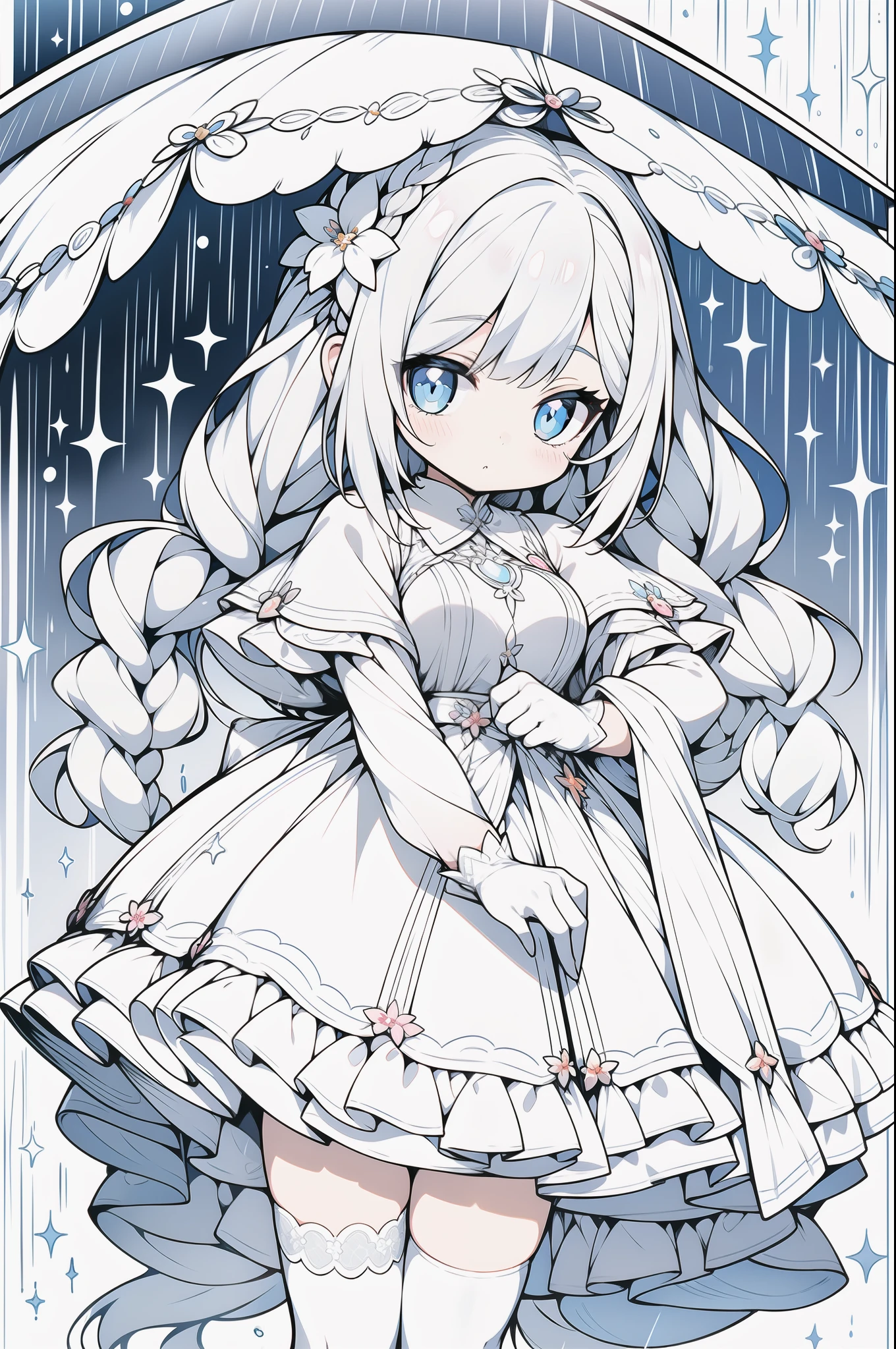 1girll, full bodyesbian, ,Wear a modernist coat,Rainy days,, Light gray hair, long whitr hair,Double up braid,bangs detached, Blue bright eyes, Big eyes as perfect as diamonds, Cute, Character design, Detailed, anime big breast, Official, flower pattern, Pink detail with sequins and brush, clip studio paint, csp, .....PSD,white stockings,。Small chest,Black and white clothing,White lace gloves,beautiful weather,has a tail