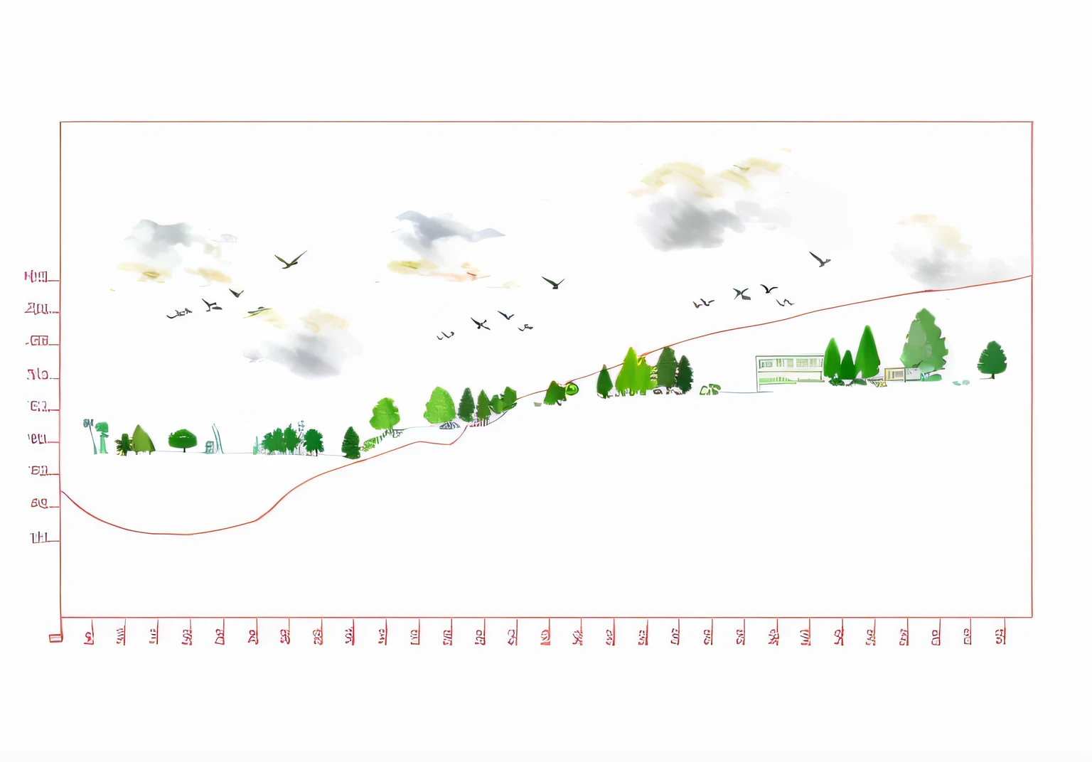 Arafed image of a plot of land with rows of trees and birds flying, elevation view, elevation, Downhill view, highly realistically detailed, hill with trees, height map, with vegetation, Landscape illustration, Barometric pressure projection, street elevation, Detailed scenery —width 672, There is a small forest, landscape perspective, coniferous forest, forest setting, A illustration